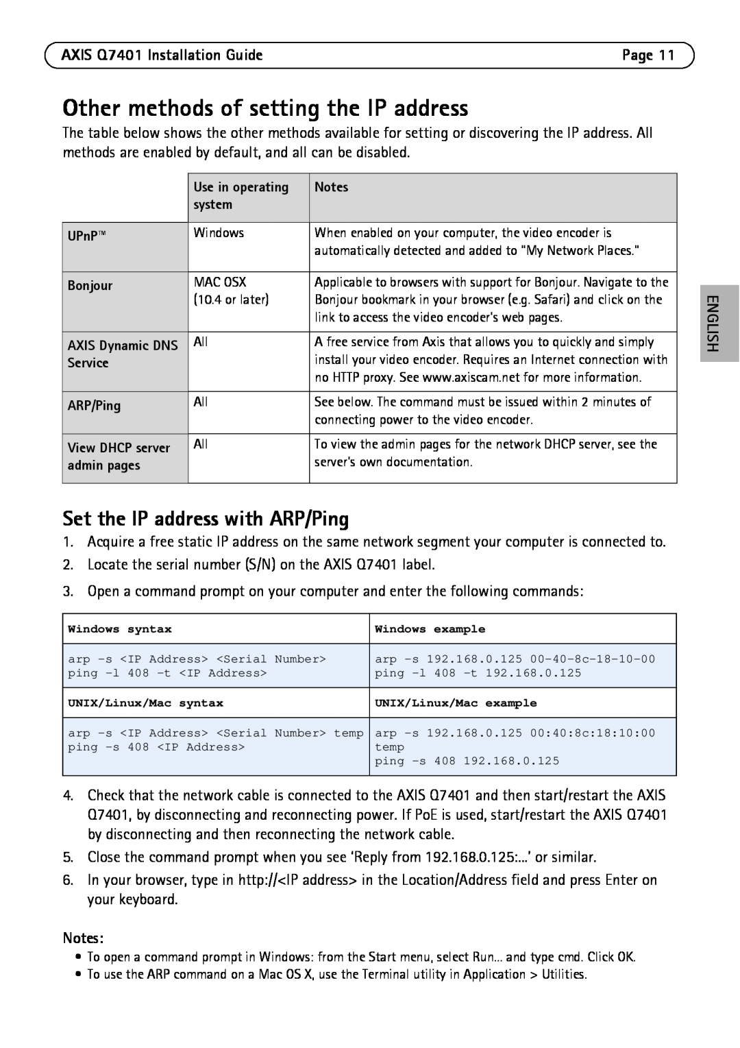 Axis Communications Q7401 manual Other methods of setting the IP address, Set the IP address with ARP/Ping 