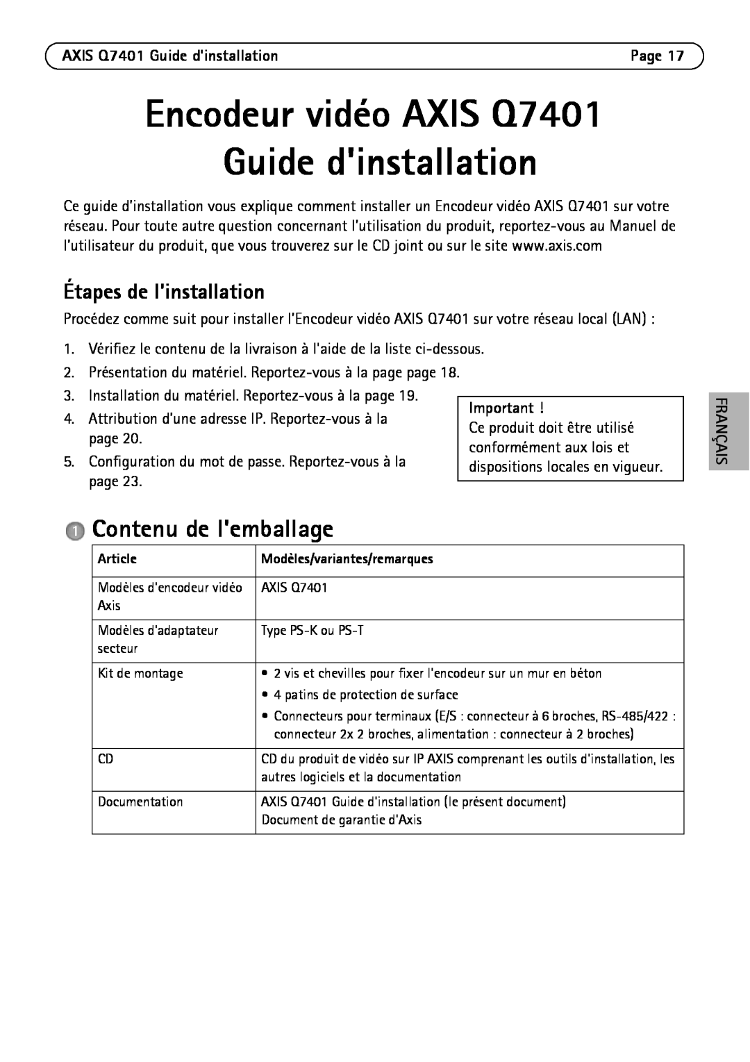 Axis Communications manual Encodeur vidéo AXIS Q7401 Guide dinstallation, Contenu de lemballage, Étapes de linstallation 