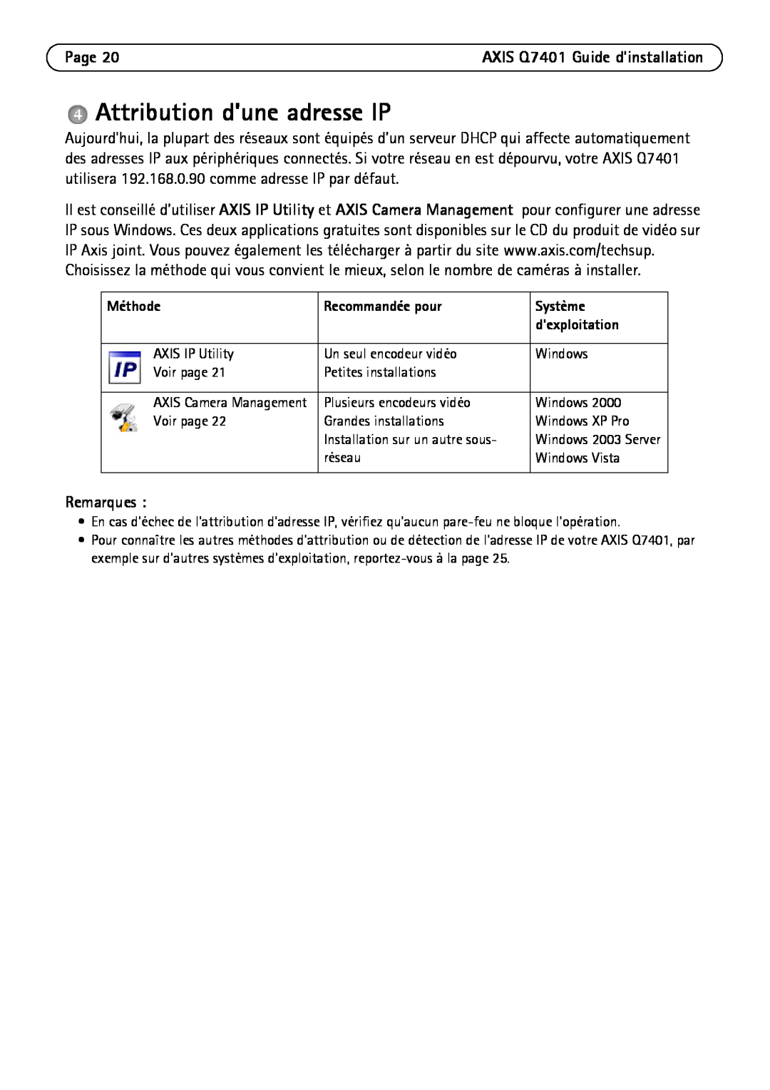 Axis Communications Q7401 Attribution dune adresse IP, Page, Remarques, Méthode, Recommandée pour, Système, dexploitation 