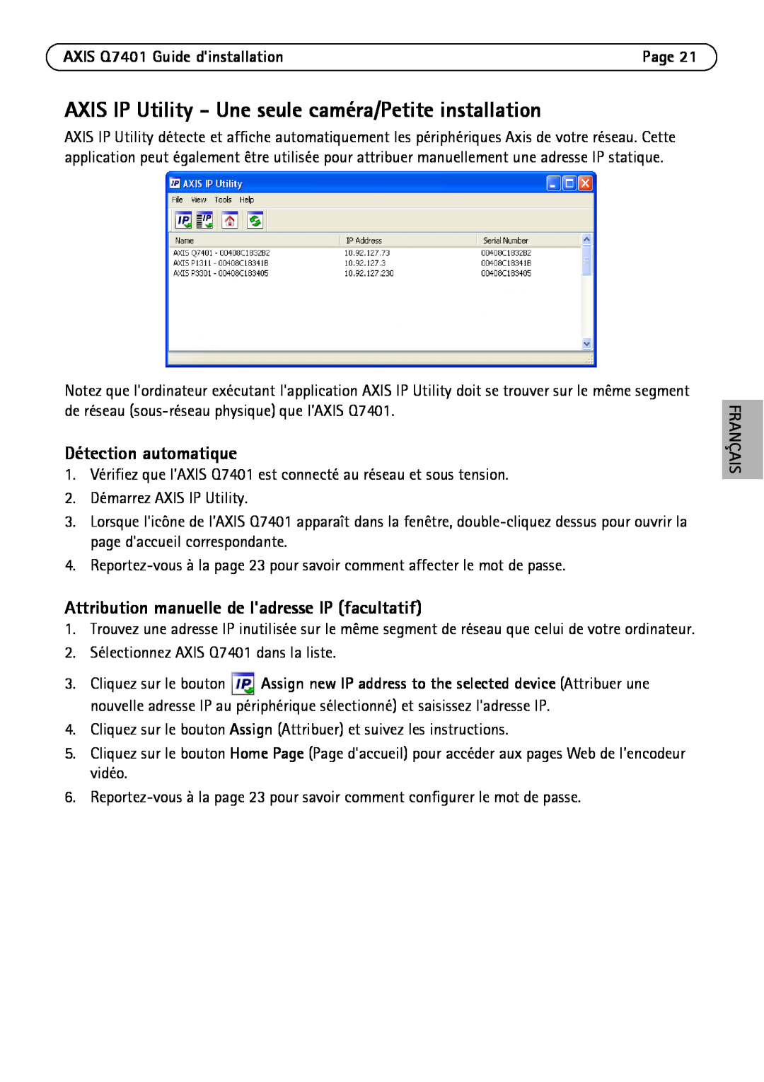 Axis Communications Q7401 manual Détection automatique, Attribution manuelle de ladresse IP facultatif, Français 
