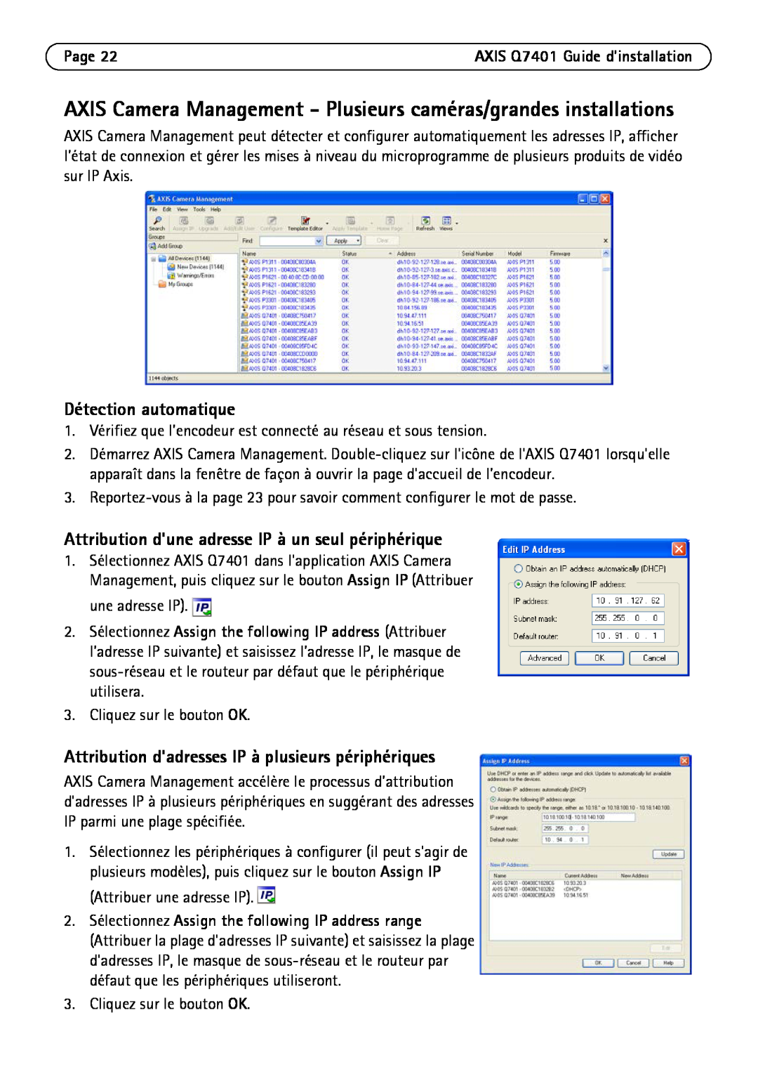 Axis Communications Q7401 manual Détection automatique, Page 