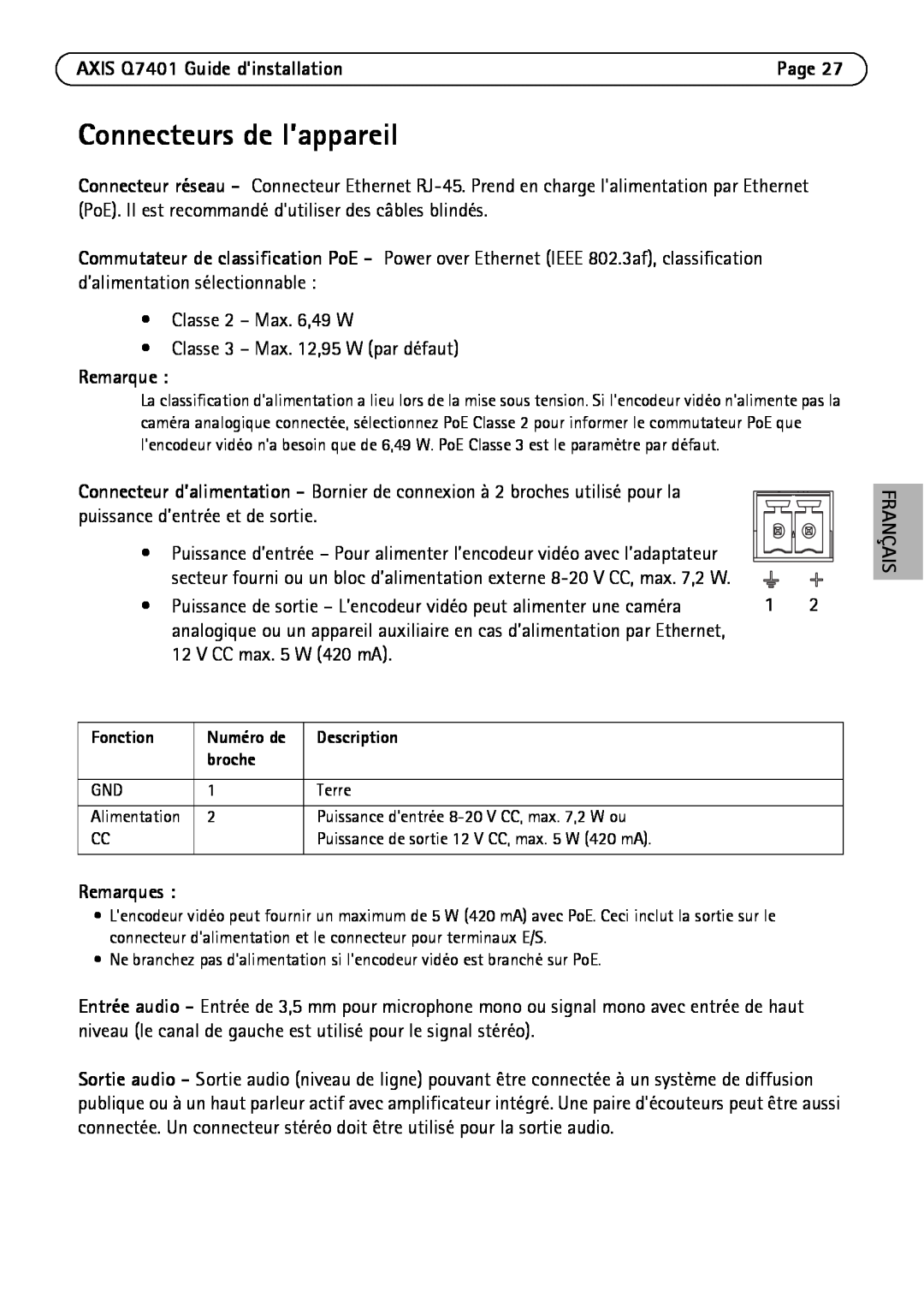 Axis Communications manual Connecteurs de l’appareil, AXIS Q7401 Guide dinstallation, Remarques, Français 