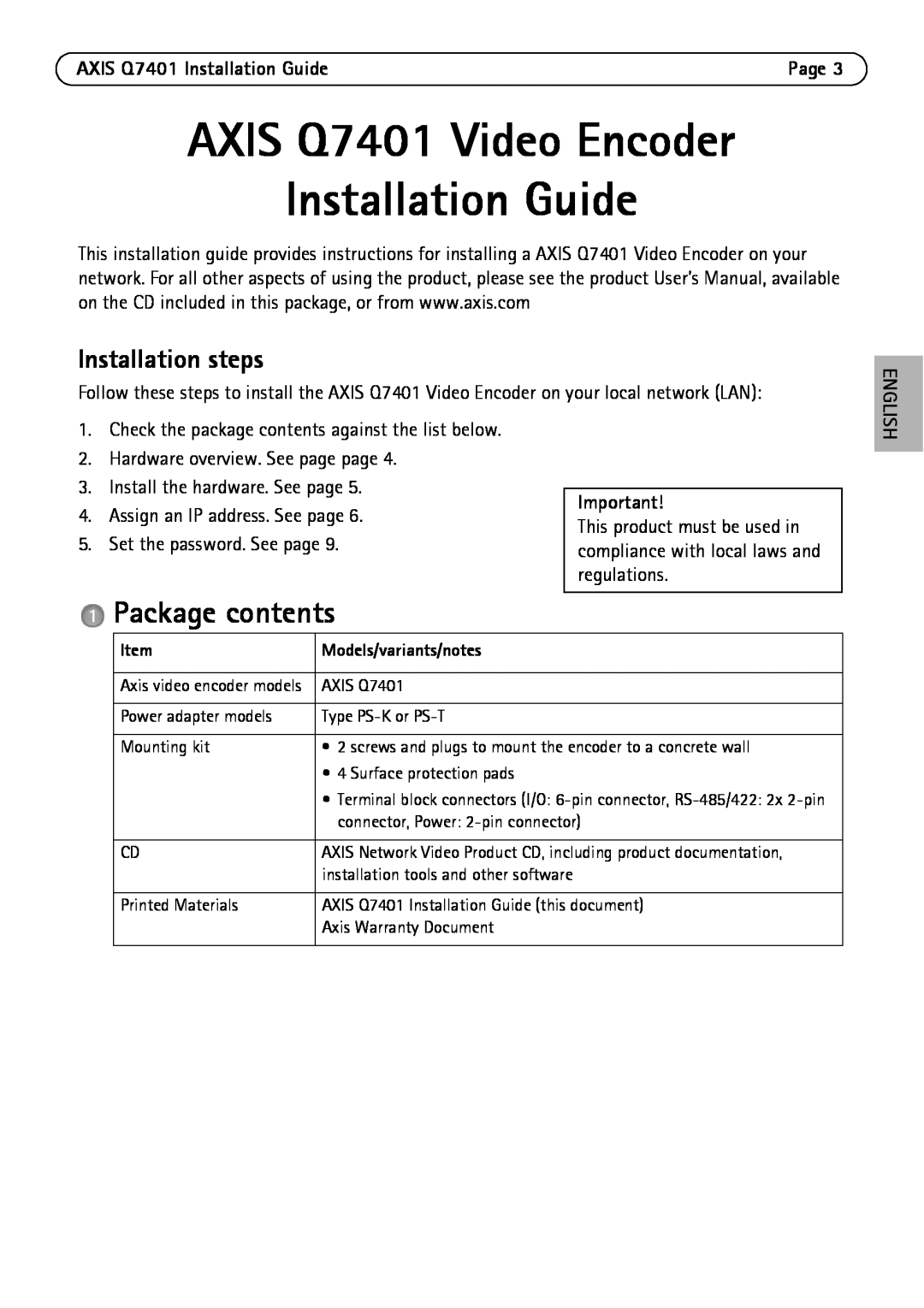 Axis Communications manual AXIS Q7401 Video Encoder Installation Guide, Package contents, Installation steps 