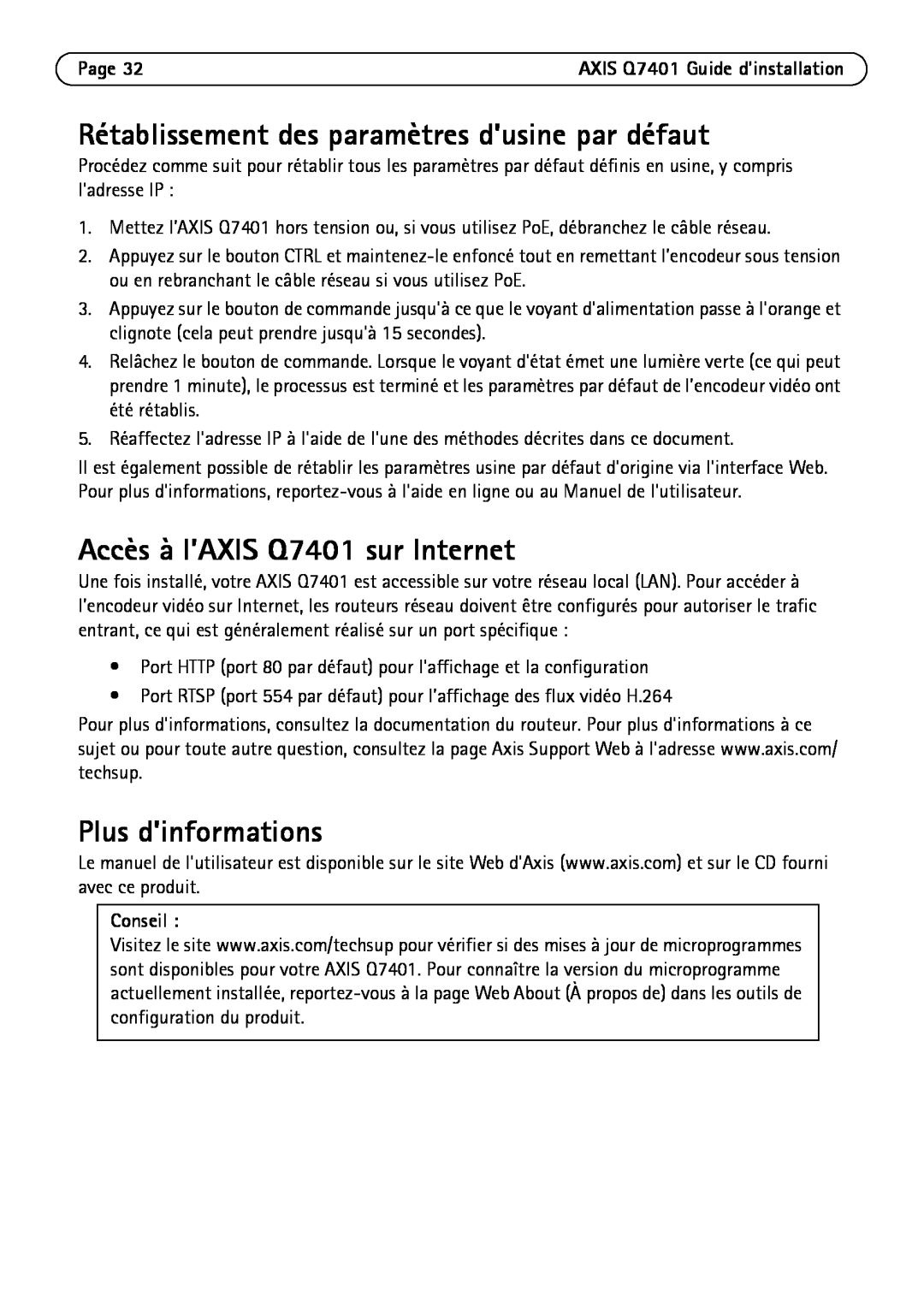 Axis Communications Rétablissement des paramètres dusine par défaut, Accès à l’AXIS Q7401 sur Internet, Page, Conseil 
