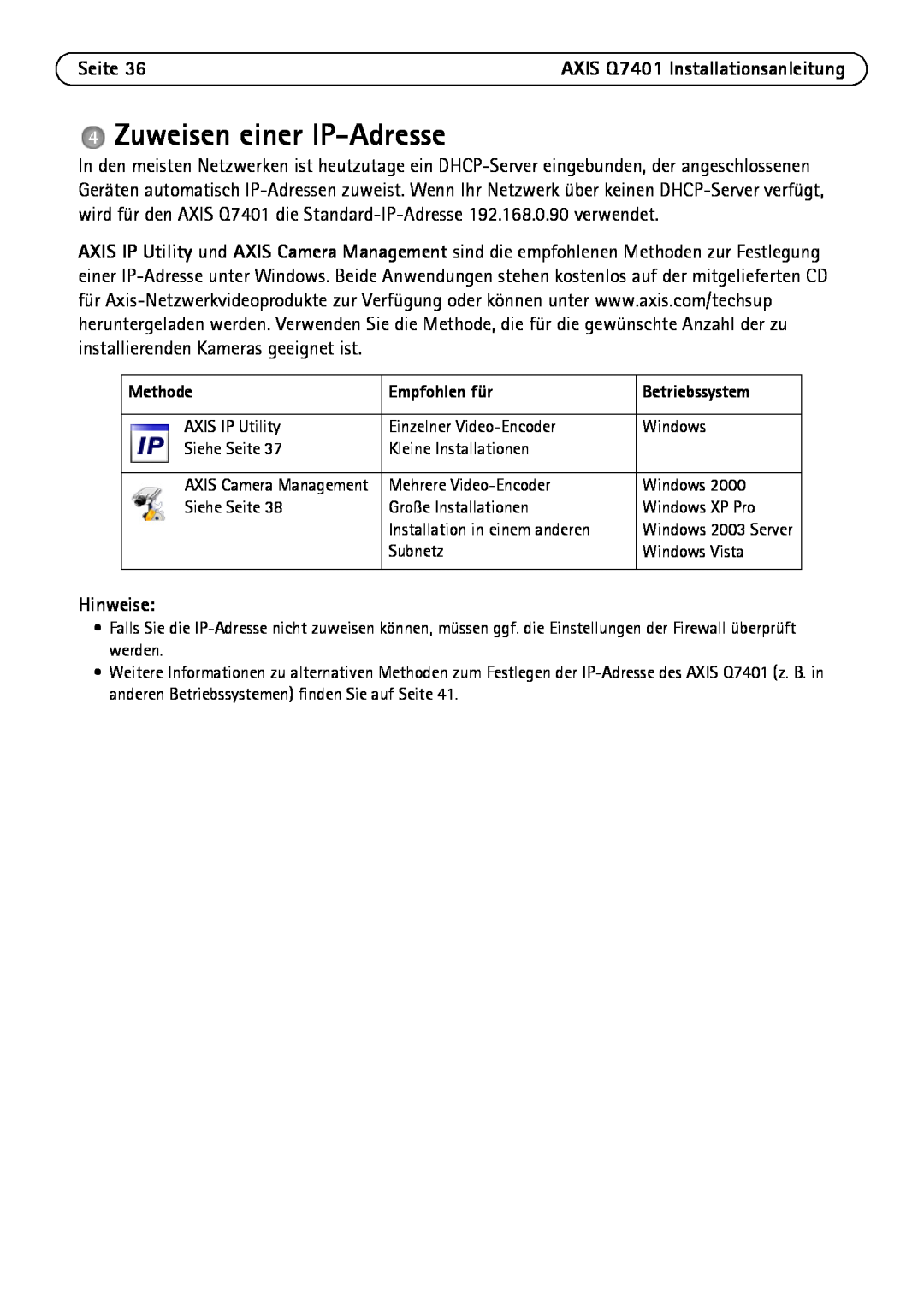 Axis Communications Q7401 manual Zuweisen einer IP-Adresse, Seite, Hinweise 
