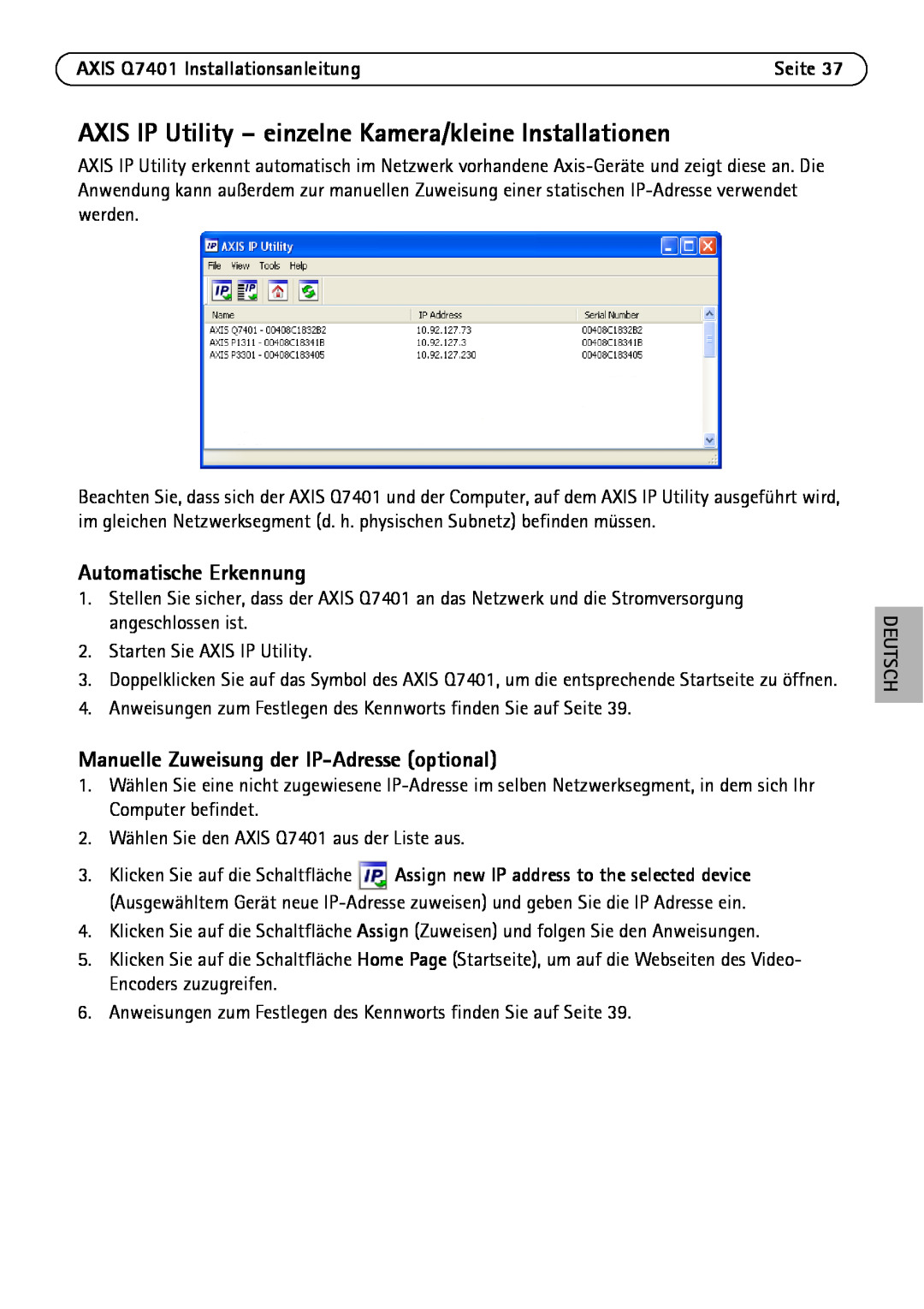 Axis Communications Q7401 manual Automatische Erkennung, Manuelle Zuweisung der IP-Adresseoptional, Deutsch 