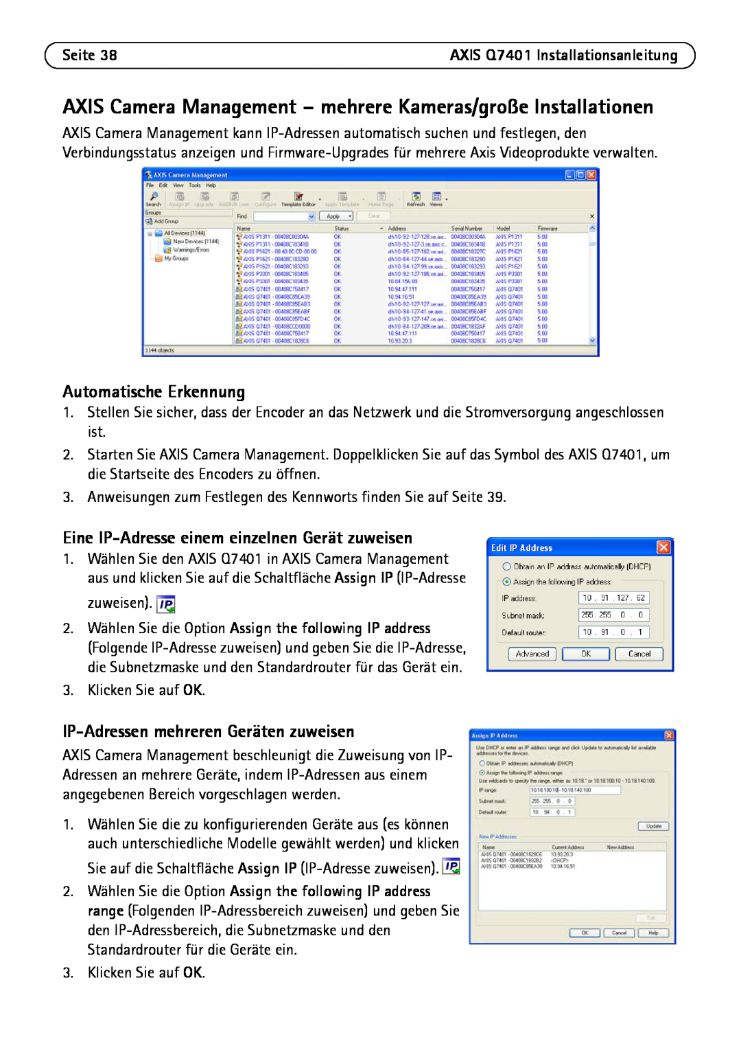 Axis Communications Q7401 manual Automatische Erkennung, Eine IP-Adresseeinem einzelnen Gerät zuweisen, Seite 