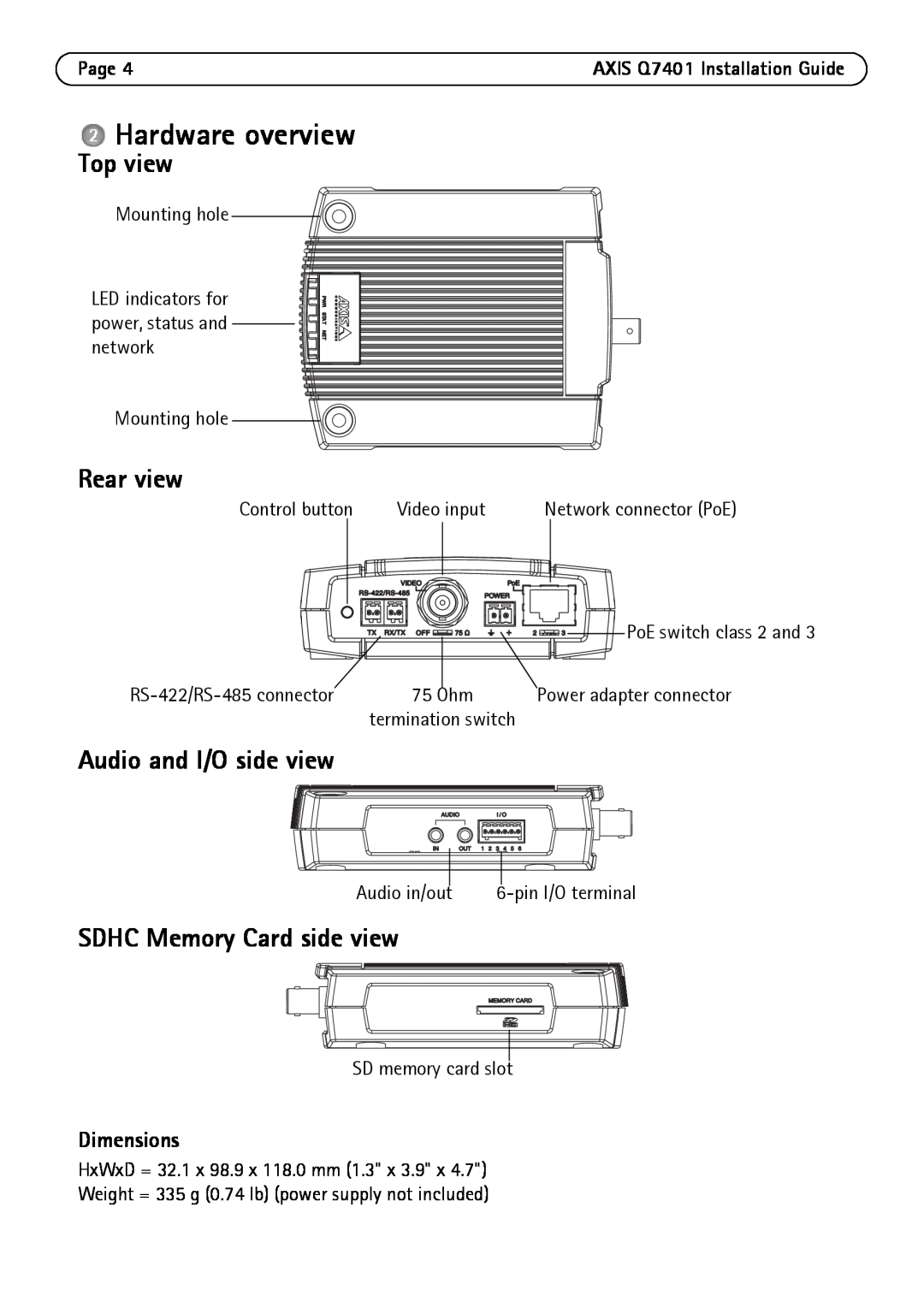 Axis Communications Q7401 Hardware overview, Top view, Rear view, Audio and I/O side view, SDHC Memory Card side view 