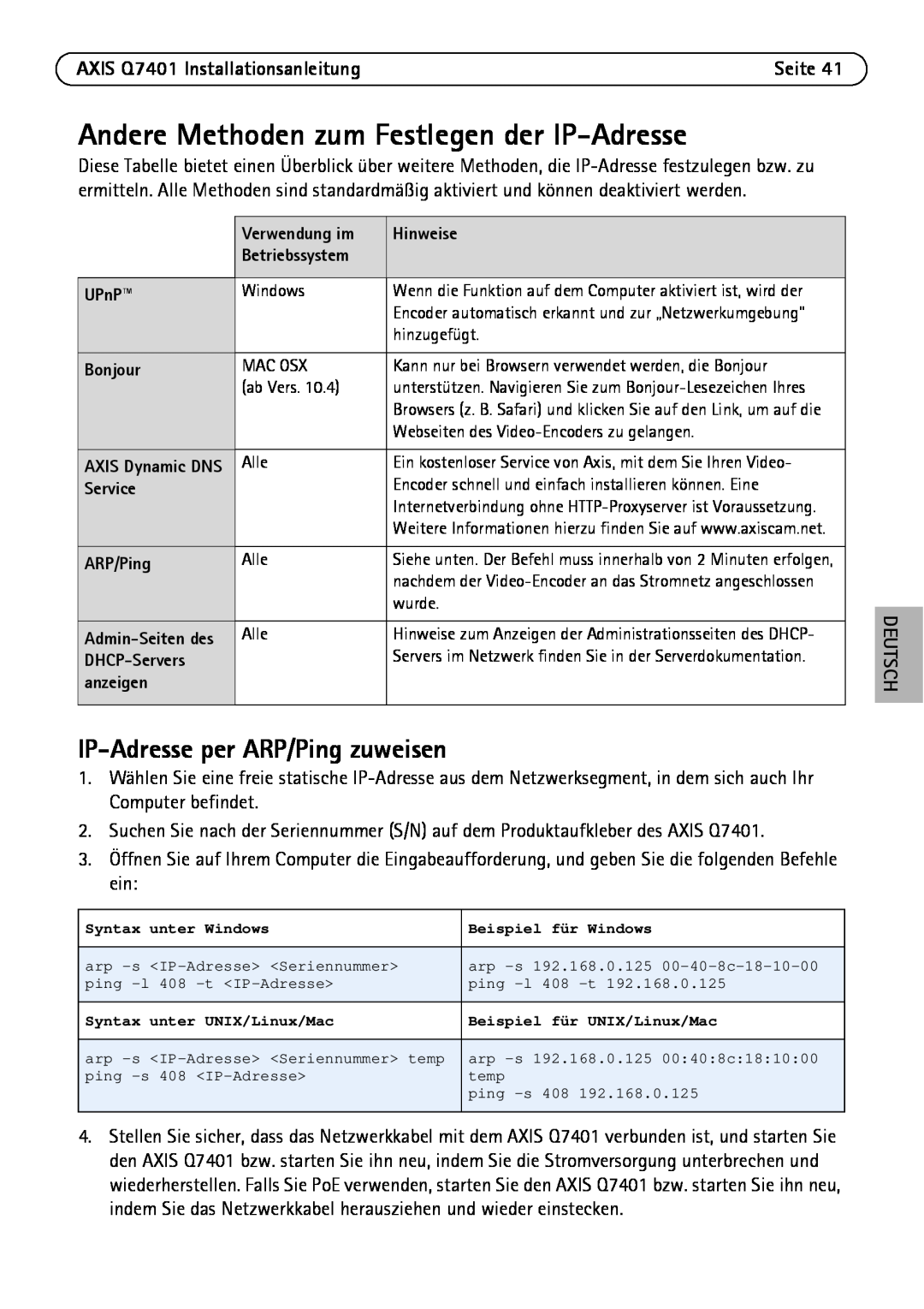 Axis Communications Q7401 Andere Methoden zum Festlegen der IP-Adresse, IP-Adresseper ARP/Ping zuweisen, Hinweise, UPnP 