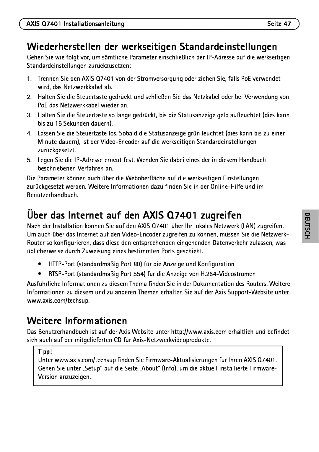 Axis Communications manual Über das Internet auf den AXIS Q7401 zugreifen, Weitere Informationen, Tipp, Deutsch 