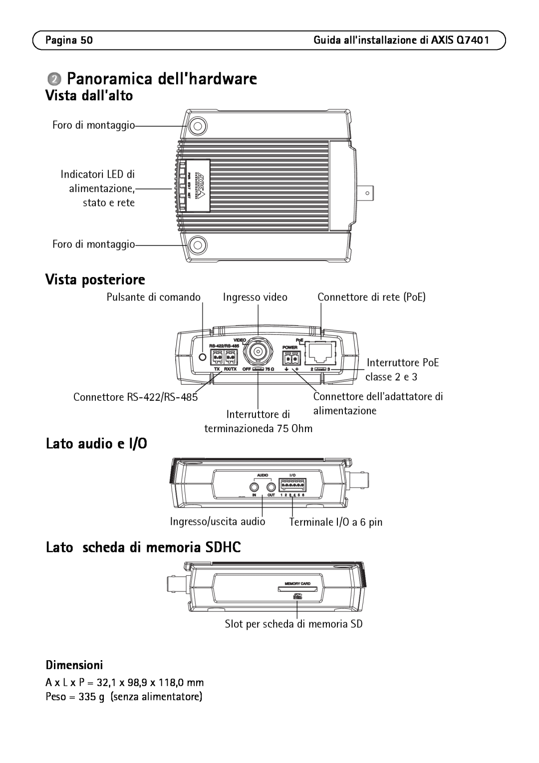 Axis Communications Q7401 manual Panoramica dell’hardware, Vista dall’alto, Vista posteriore, Lato audio e I/O, Pagina 