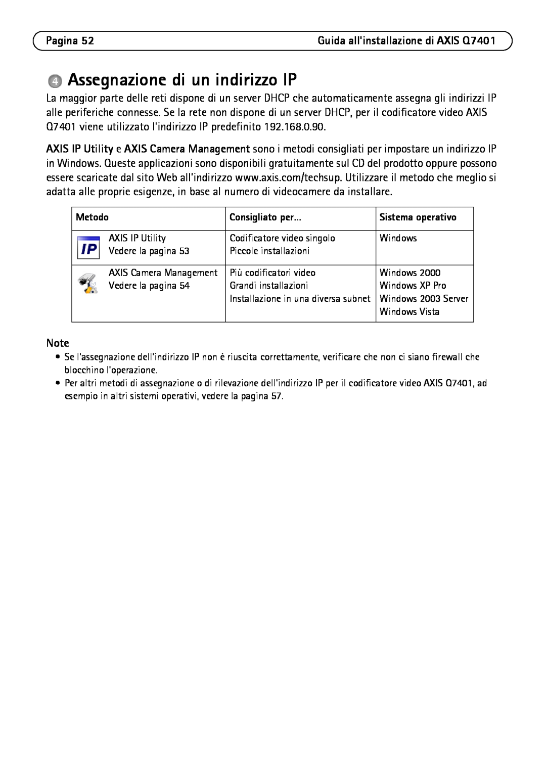 Axis Communications Q7401 manual Assegnazione di un indirizzo IP, Pagina, Metodo, Consigliato per… 