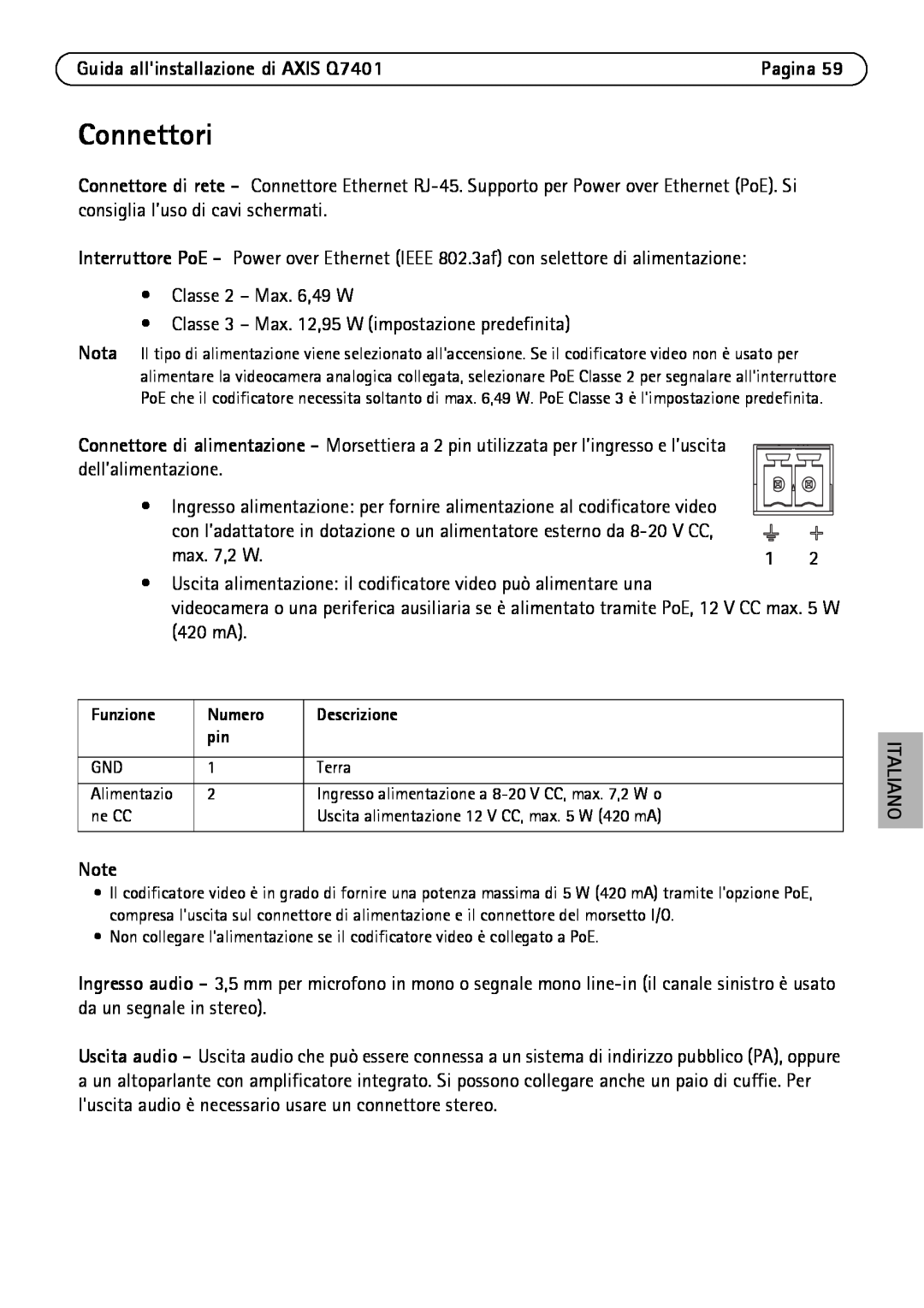Axis Communications manual Connettori, Guida allinstallazione di AXIS Q7401 