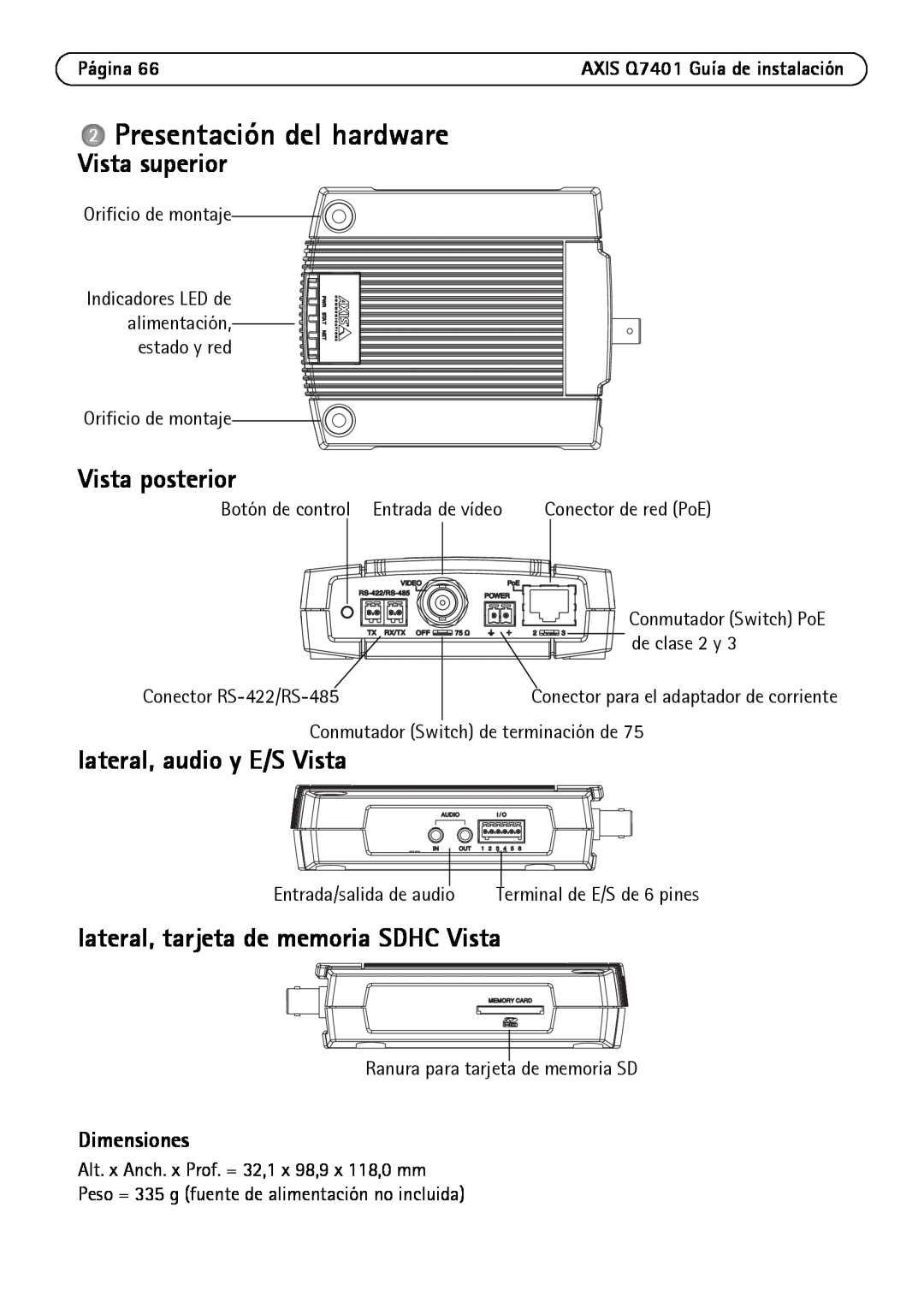 Axis Communications Q7401 Presentación del hardware, Vista superior, Vista posterior, lateral, audio y E/S Vista, Página 