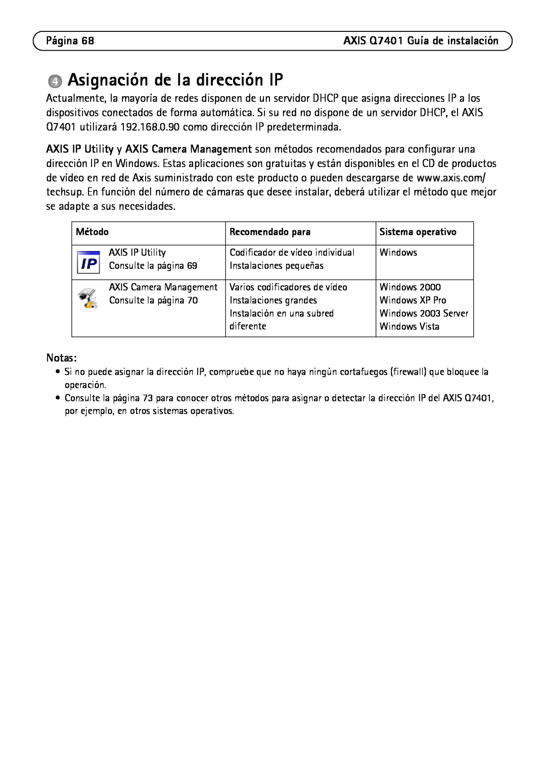 Axis Communications Q7401 manual Asignación de la dirección IP, Página, Notas, Método, Recomendado para 