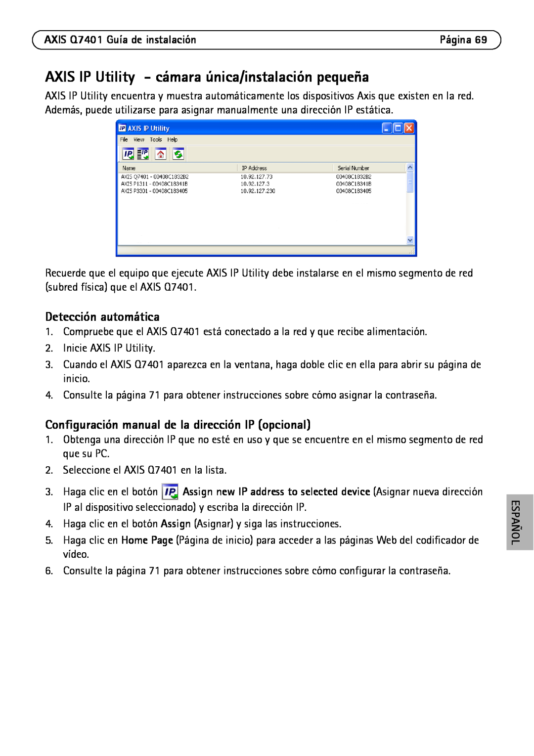 Axis Communications Q7401 Detección automática, Configuración manual de la dirección IP opcional, Español 