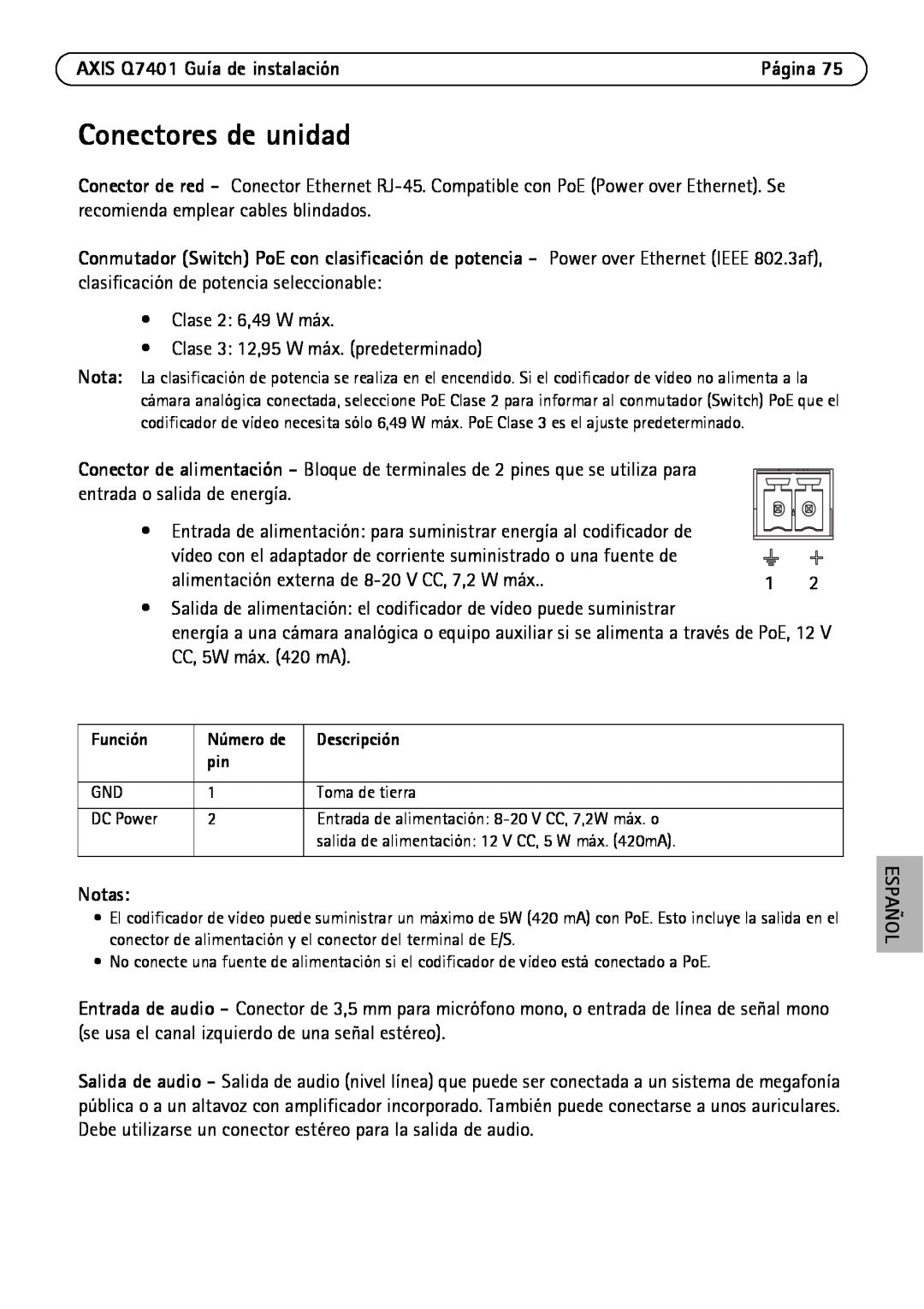 Axis Communications manual Conectores de unidad, AXIS Q7401 Guía de instalación, Notas, Español 