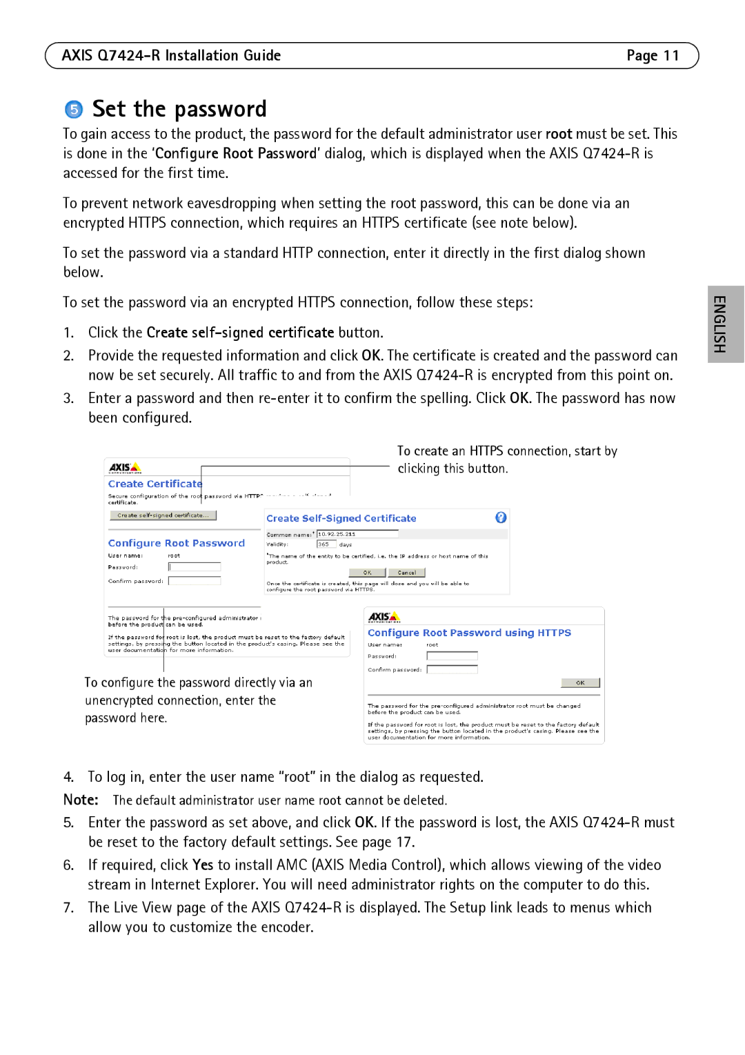 Axis Communications Q7424-R manual Set the password, Click the Create self-signed certificate button 