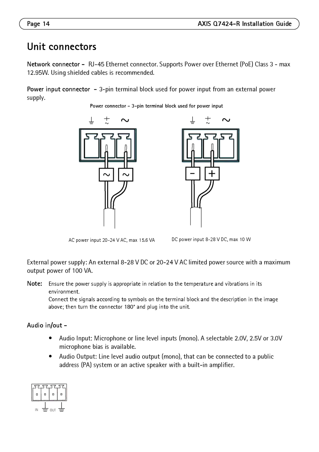 Axis Communications Q7424-R manual Unit connectors, Audio in/out 