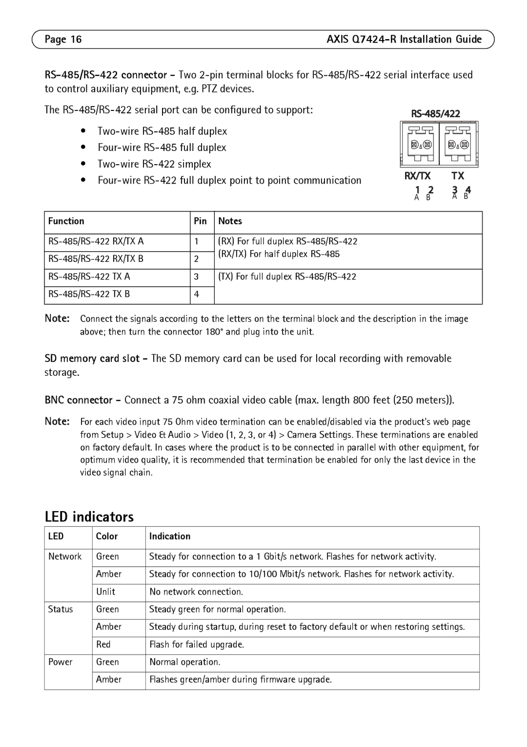 Axis Communications Q7424-R manual LED indicators, Function Pin, Color Indication 