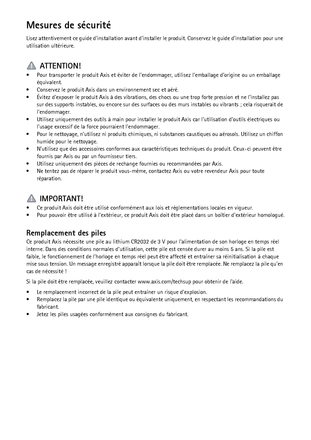 Axis Communications Q7424-R manual Mesures de sécurité, Remplacement des piles 