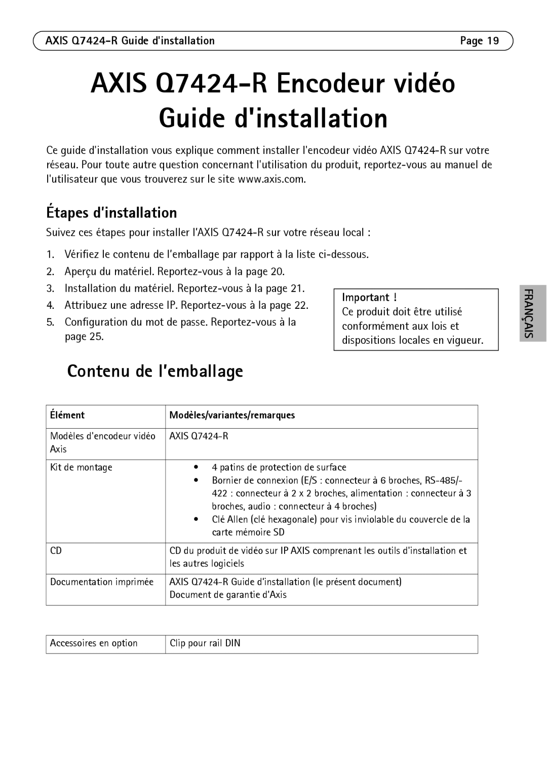 Axis Communications manual Contenu de l’emballage, Étapes d’installation, Axis Q7424-R Guide dinstallation 