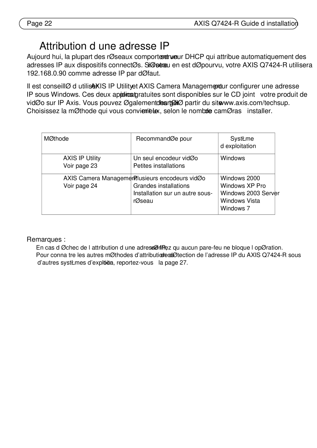 Axis Communications Q7424-R manual Attribution d’une adresse IP, Méthode Recommandée pour Système ’exploitation 