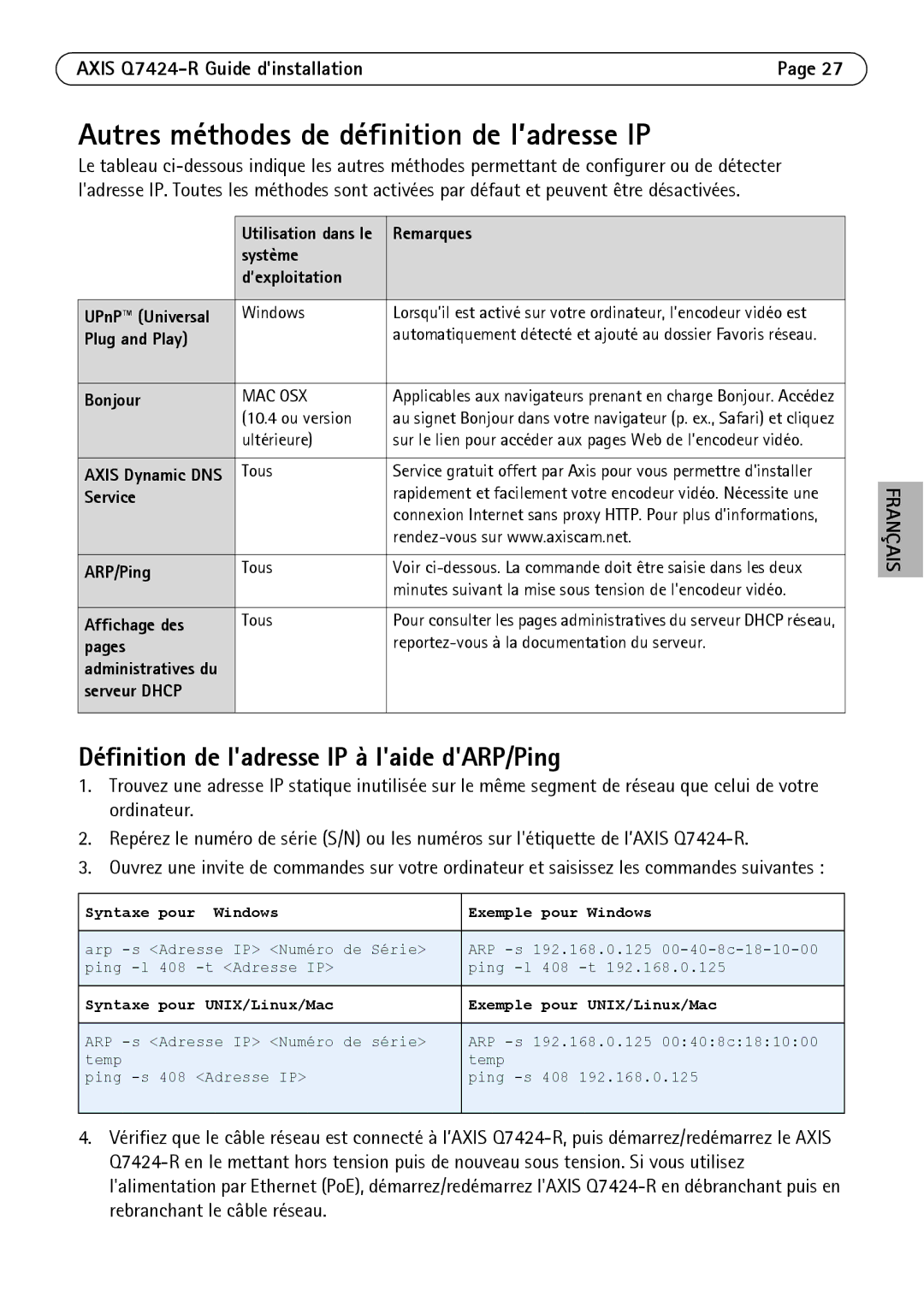 Axis Communications Q7424-R Autres méthodes de définition de l’adresse IP, Définition de ladresse IP à laide dARP/Ping 