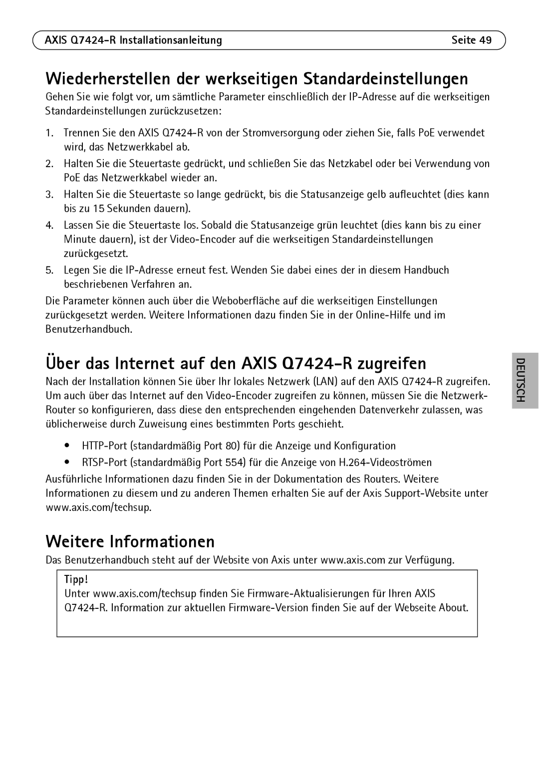 Axis Communications manual Über das Internet auf den Axis Q7424-R zugreifen, Weitere Informationen, Tipp 