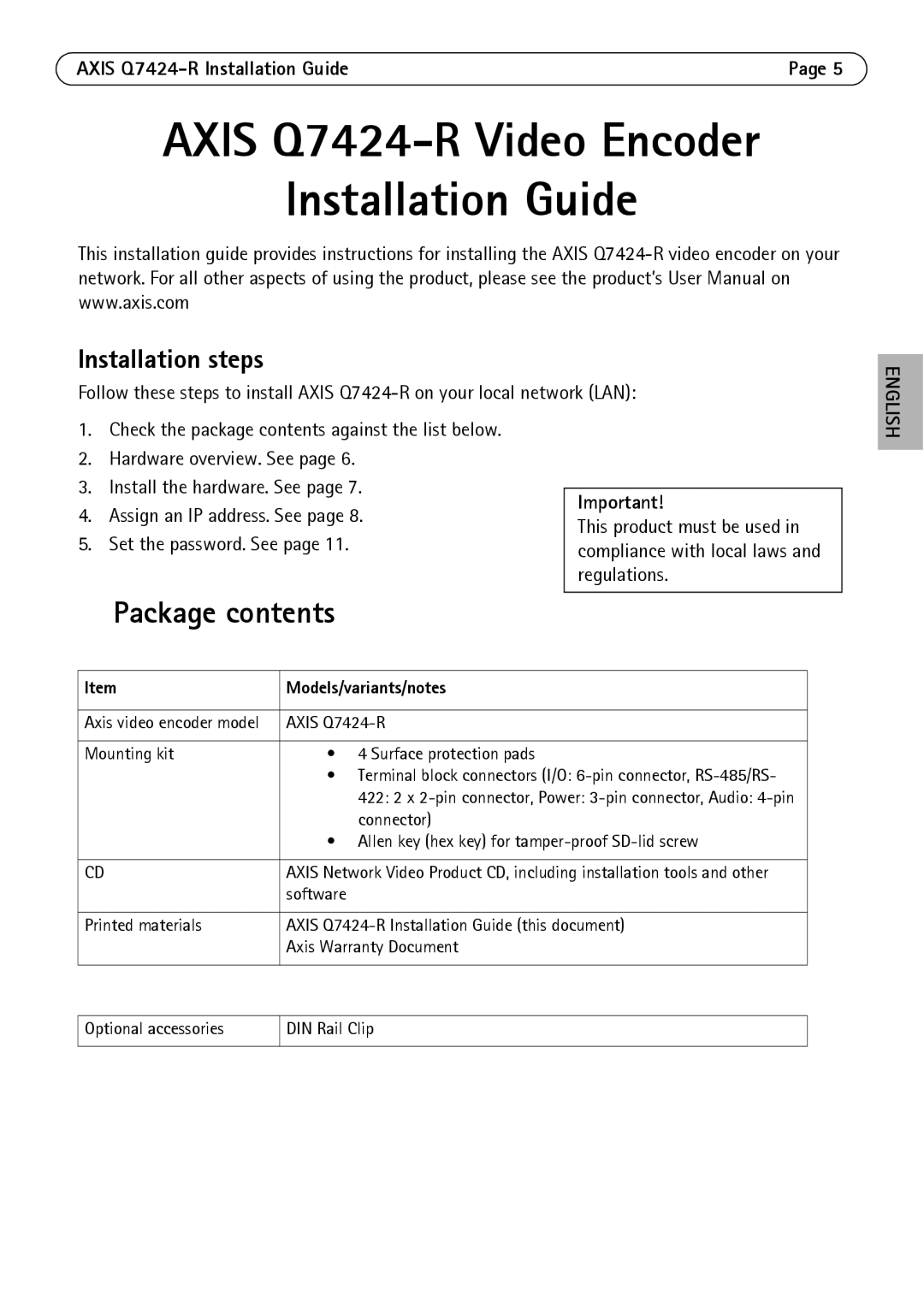 Axis Communications manual Axis Q7424-R Video Encoder Installation Guide, Package contents 