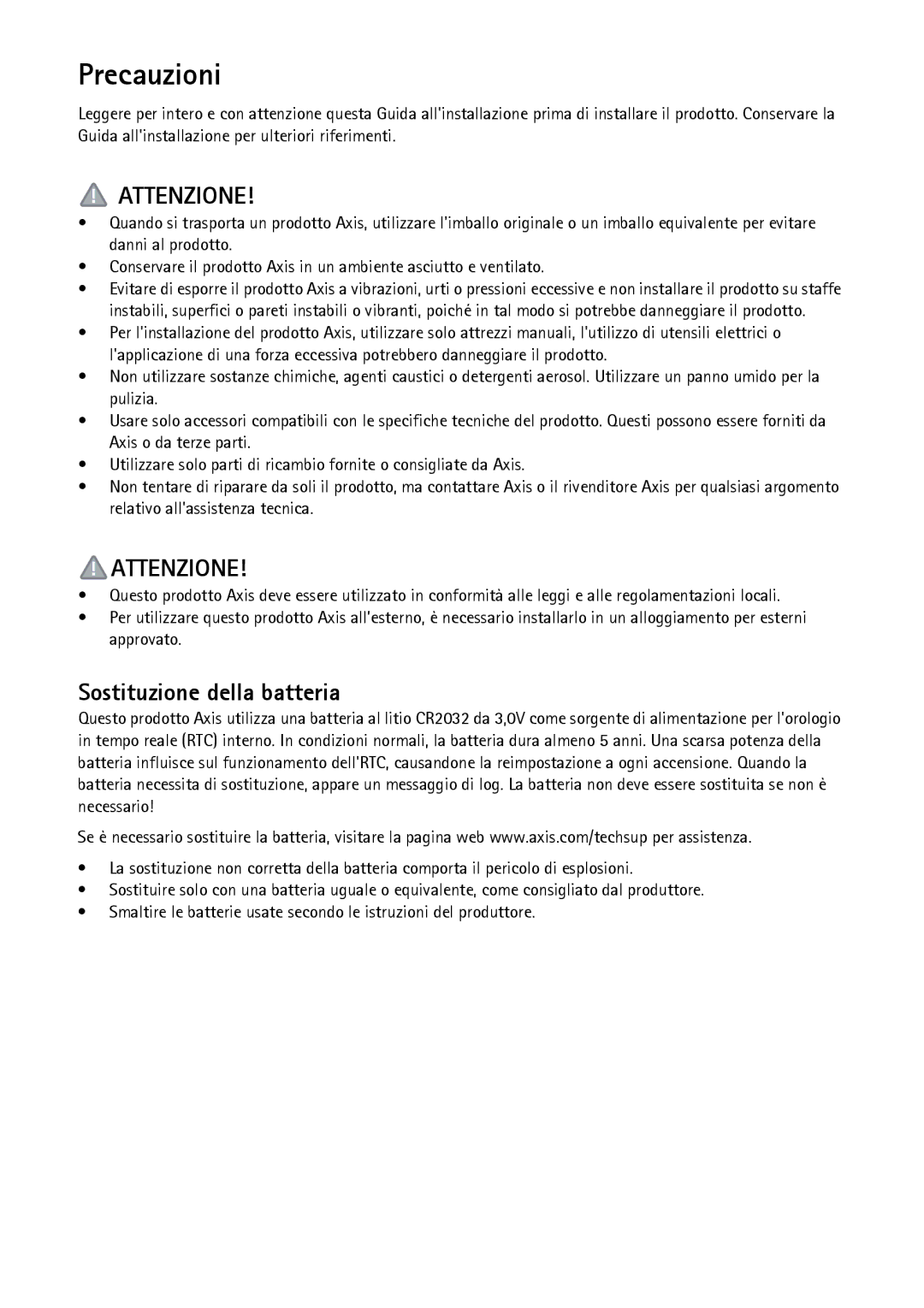 Axis Communications Q7424-R manual Precauzioni, Attenzione 