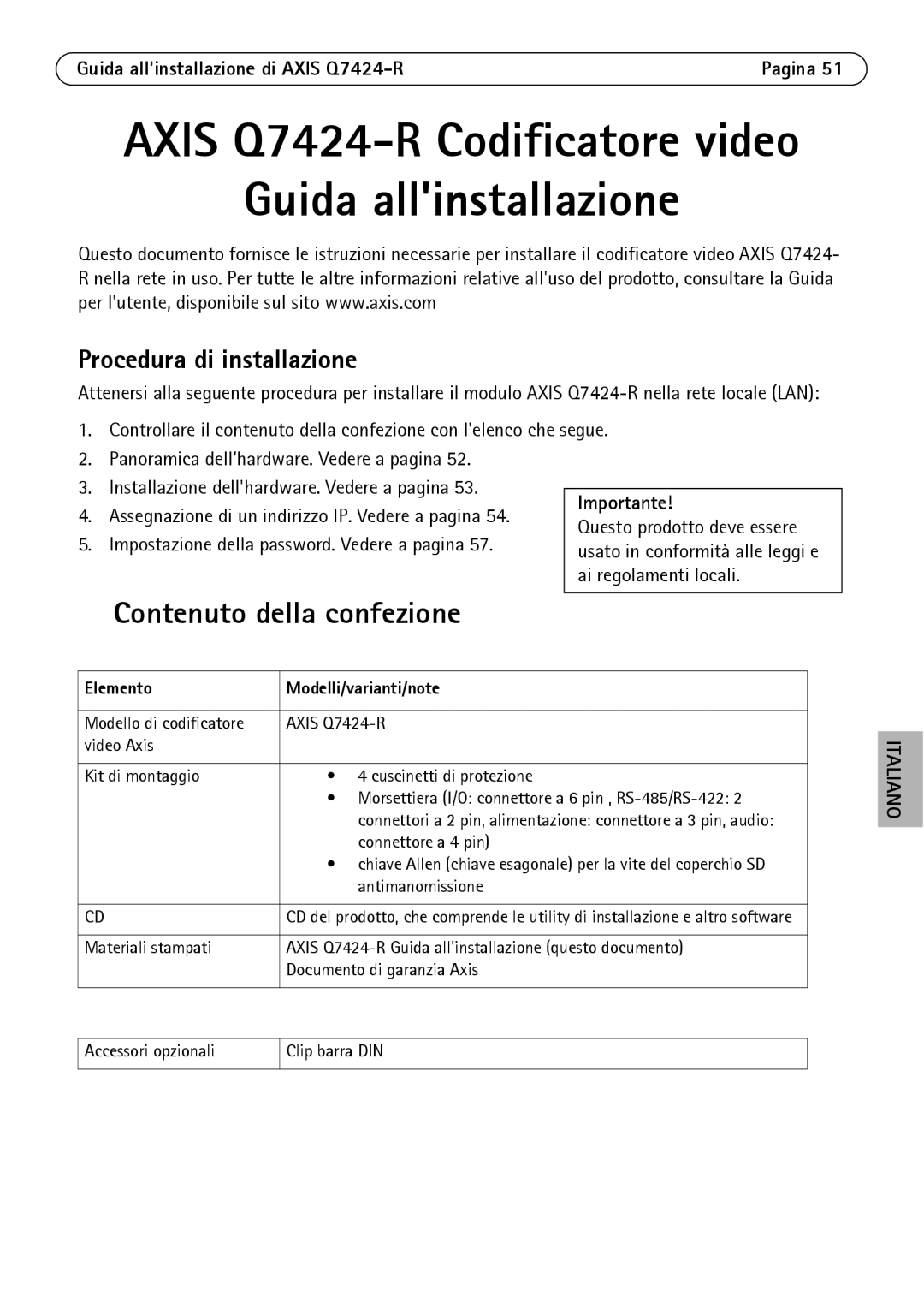 Axis Communications Contenuto della confezione, Procedura di installazione, Guida allinstallazione di Axis Q7424-R 