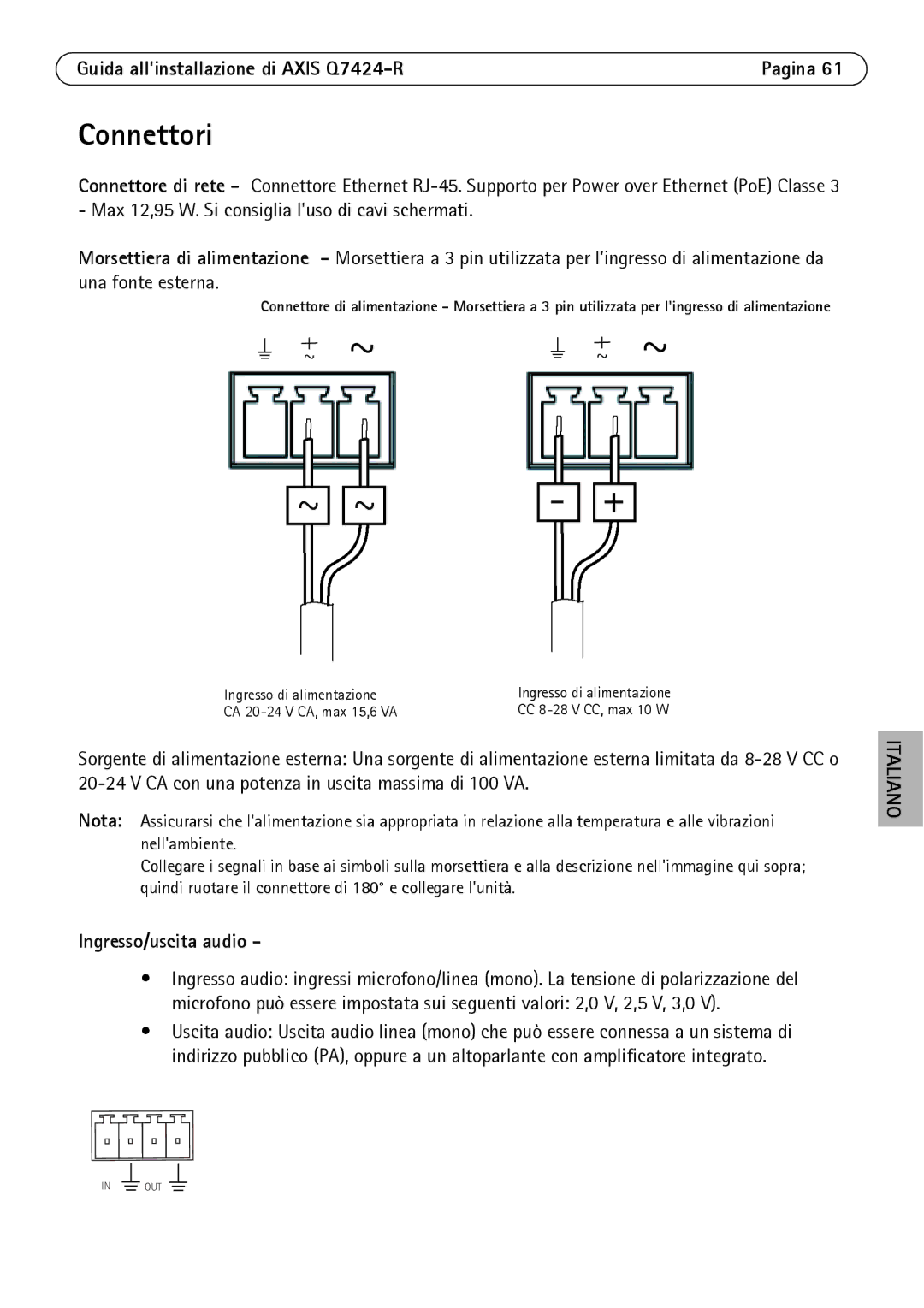 Axis Communications Q7424-R manual Connettori, Ingresso/uscita audio 