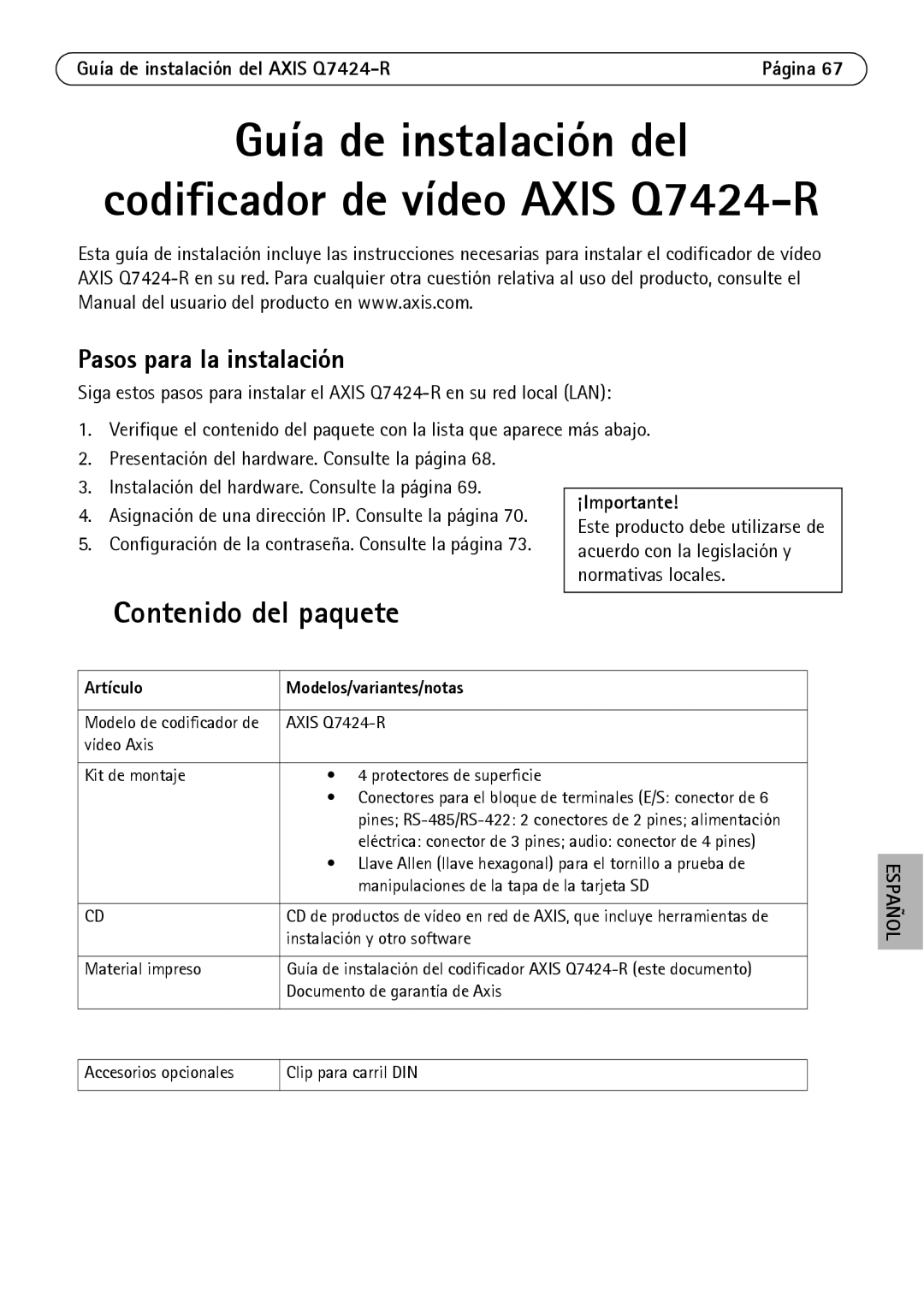 Axis Communications Contenido del paquete, Pasos para la instalación, Guía de instalación del Axis Q7424-R, ¡Importante 