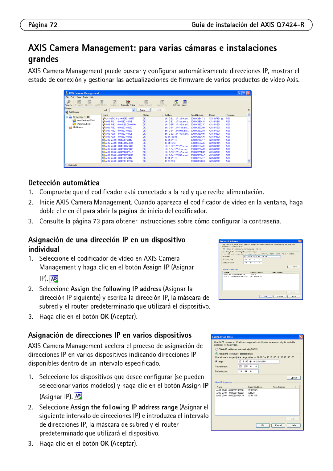 Axis Communications Q7424-R manual Asignación de una dirección IP en un dispositivo individual 