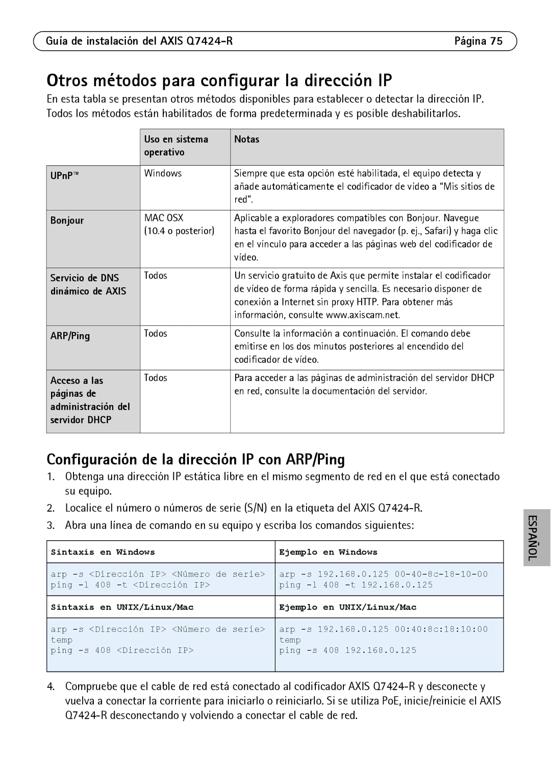 Axis Communications Q7424-R Otros métodos para configurar la dirección IP, Configuración de la dirección IP con ARP/Ping 