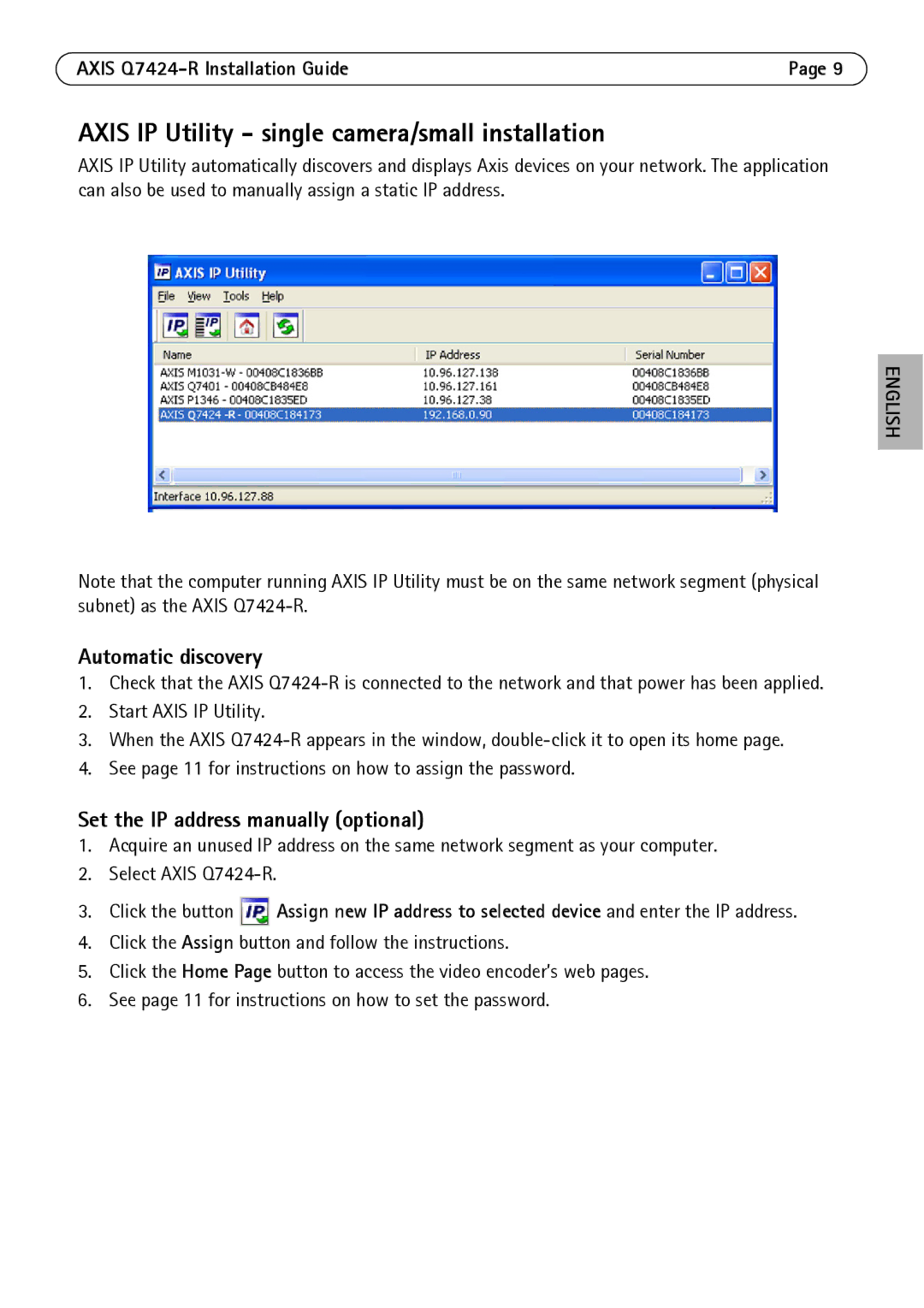 Axis Communications Q7424-R manual Axis IP Utility single camera/small installation, Automatic discovery 