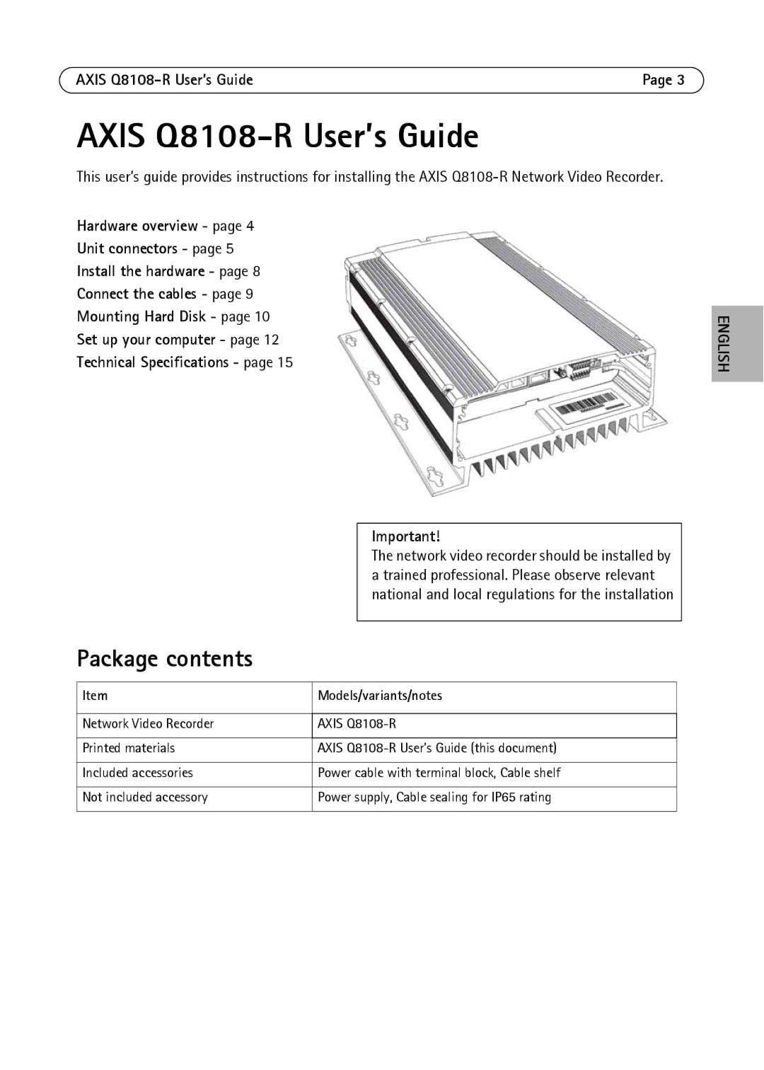 Axis Communications manual Axis Q8108-R User’s Guide, Package contents 