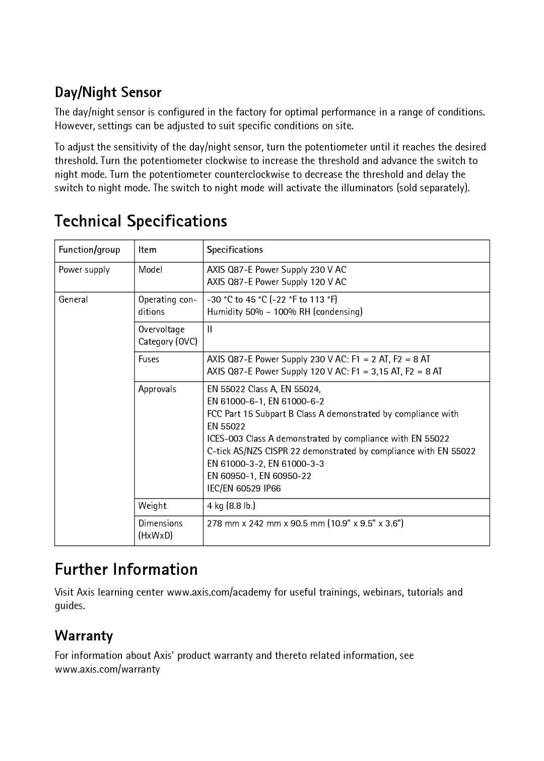 Axis Communications Q87-E manual Technical Specifications, Further Information 