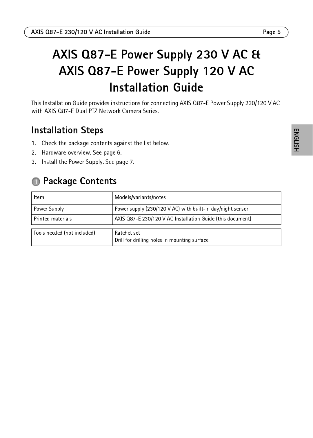 Axis Communications Q87-E manual Installation Steps, Package Contents 