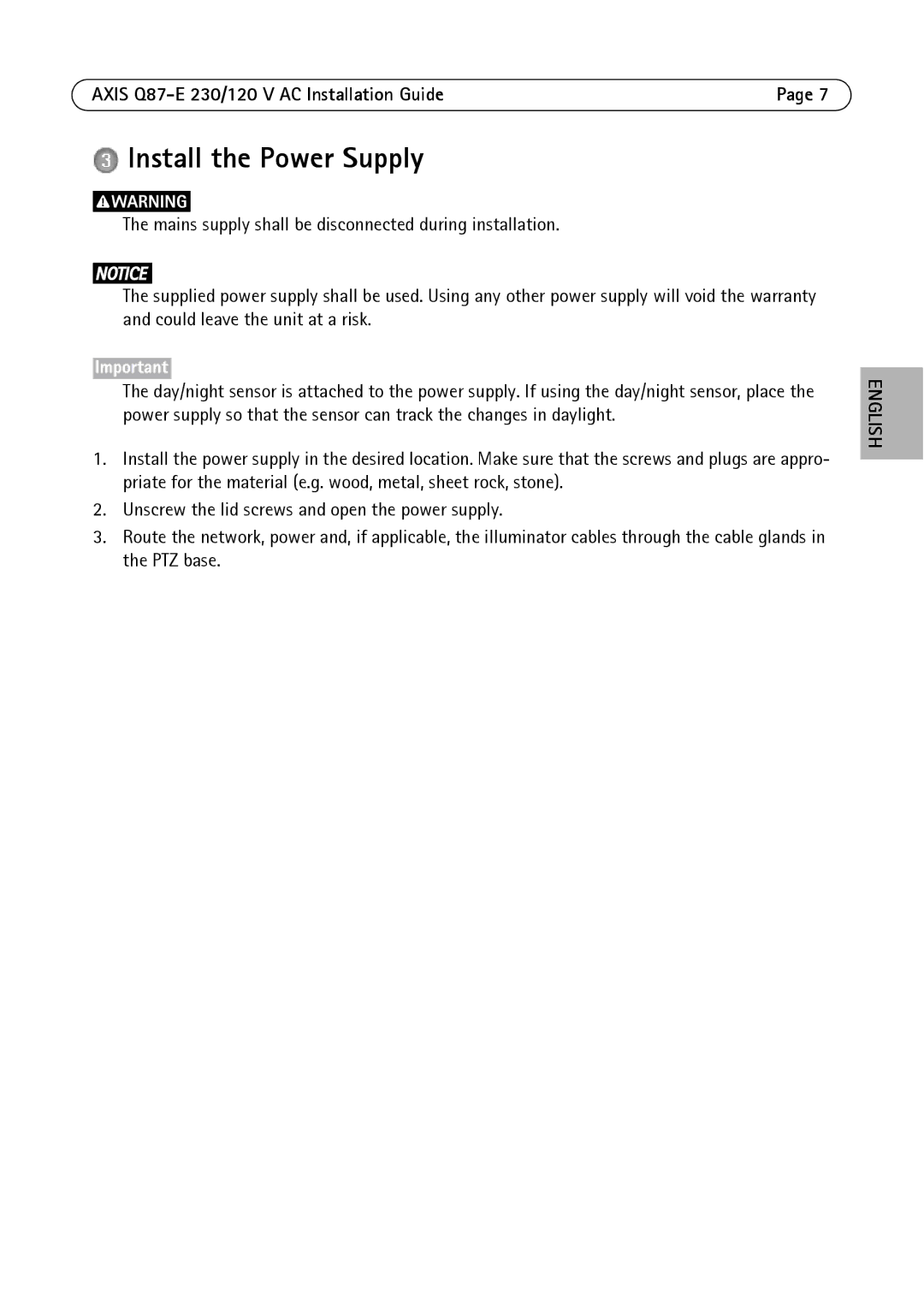 Axis Communications Q87-E manual Install the Power Supply 