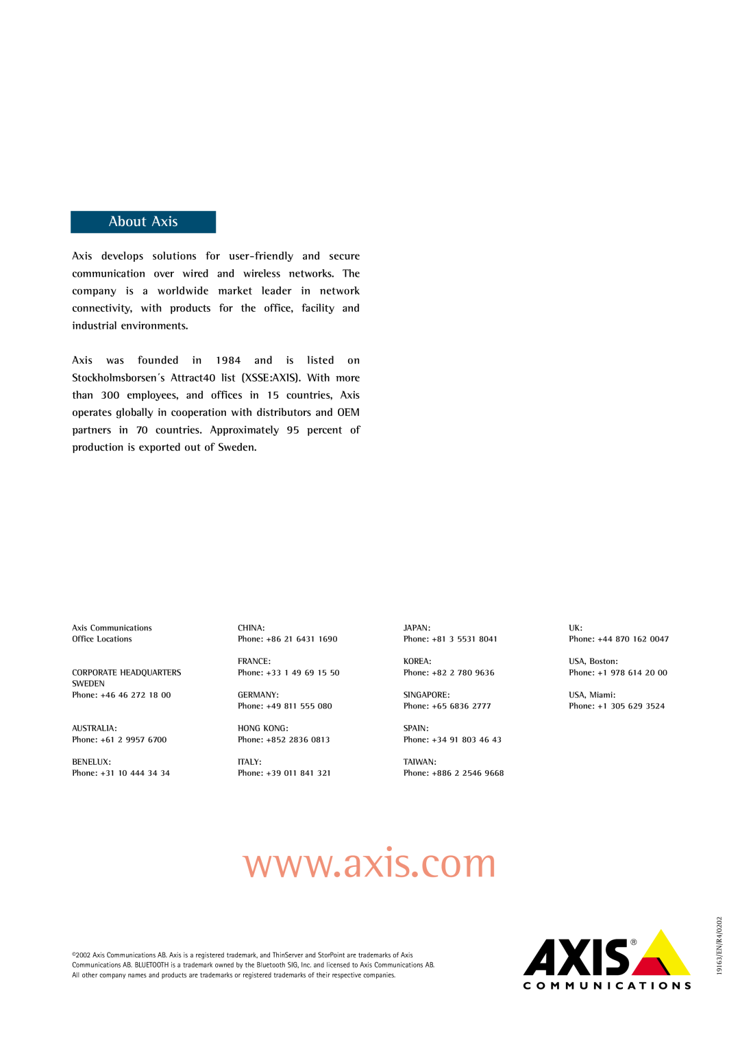 Axis Communications RJ45 manual About Axis 