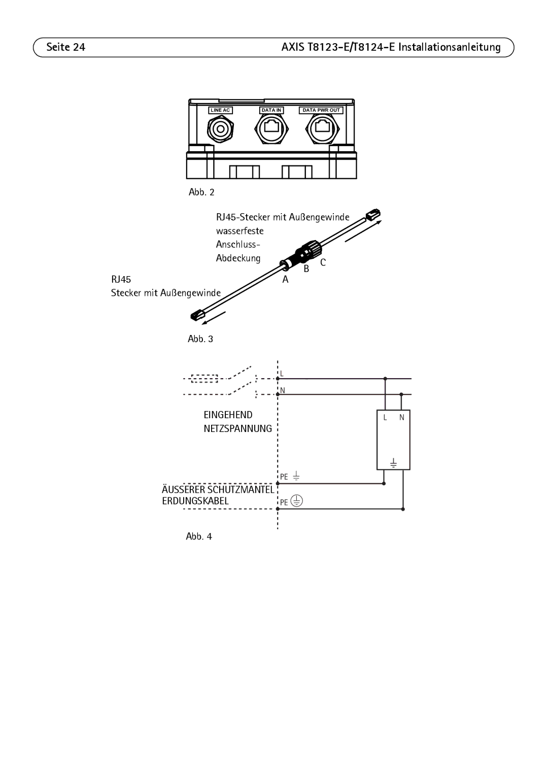 Axis Communications T8124-E, T8123-E manual Eingehend Netzspannung Äusserer Schutzmantel Erdungskabelpe 