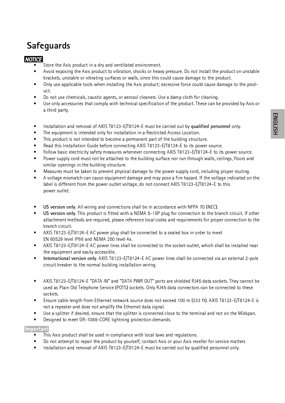 Axis Communications T8123-E, T8124-E manual Safeguards, Store the Axis product in a dry and ventilated environment 