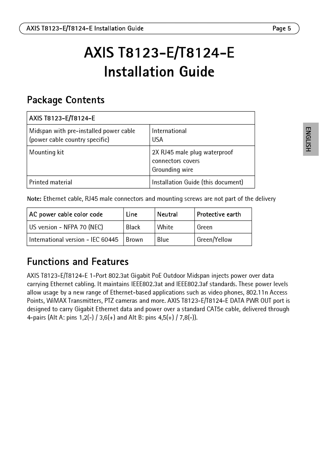 Axis Communications T8123-E, T8124-E manual Package Contents, Functions and Features 