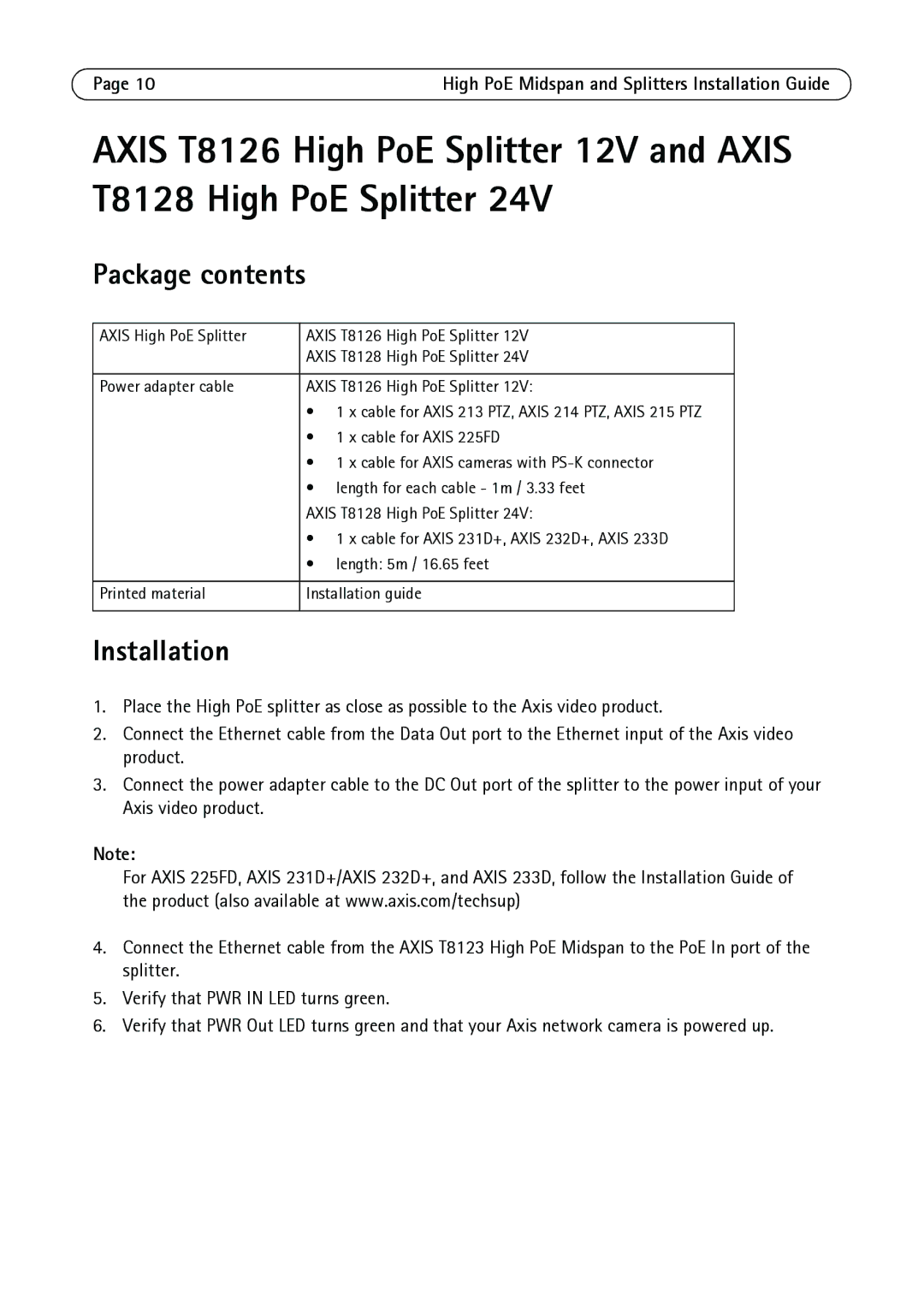 Axis Communications T8128, T8126, T8123 Axis High PoE Splitter, High PoE Splitter Power adapter cable, Cable for Axis 225FD 