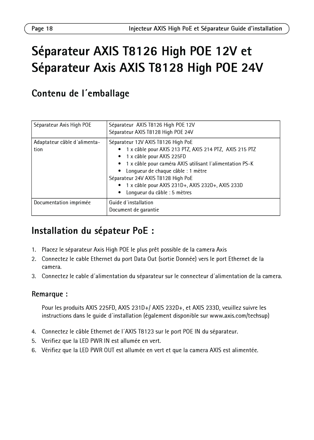 Axis Communications T8128, T8123 manual Installation du sépateur PoE, Séparateur 12V Axis T8126 High PoE 