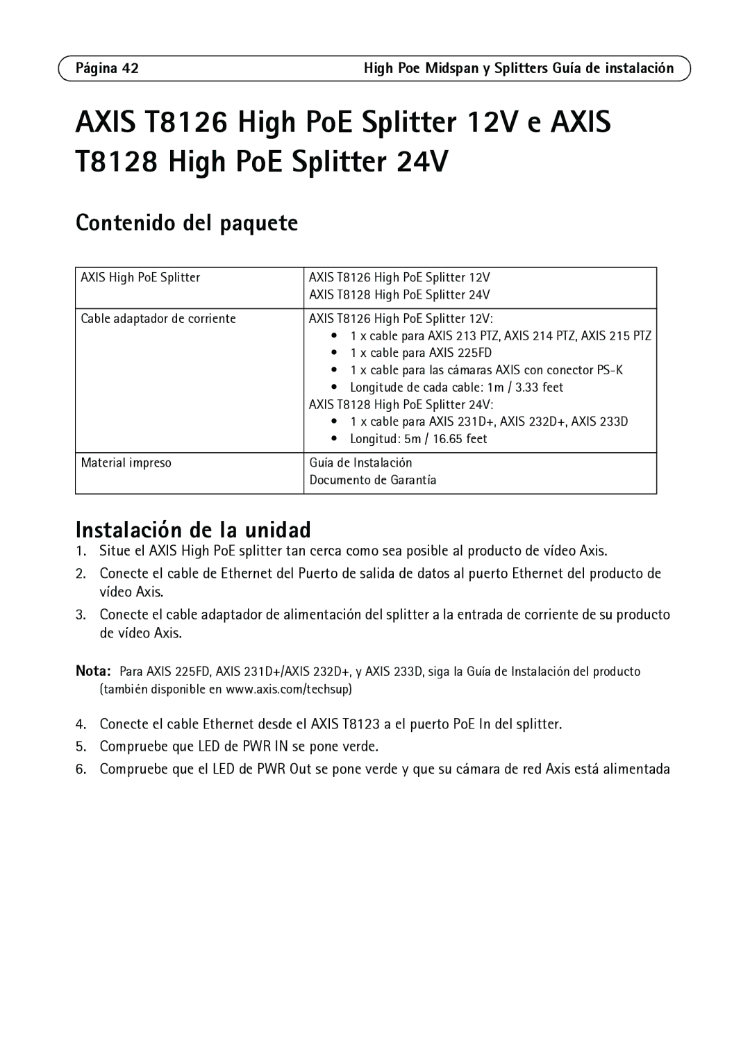 Axis Communications T8128, T8123 manual Cable adaptador de corriente Axis T8126 High PoE Splitter, Cable para Axis 225FD 