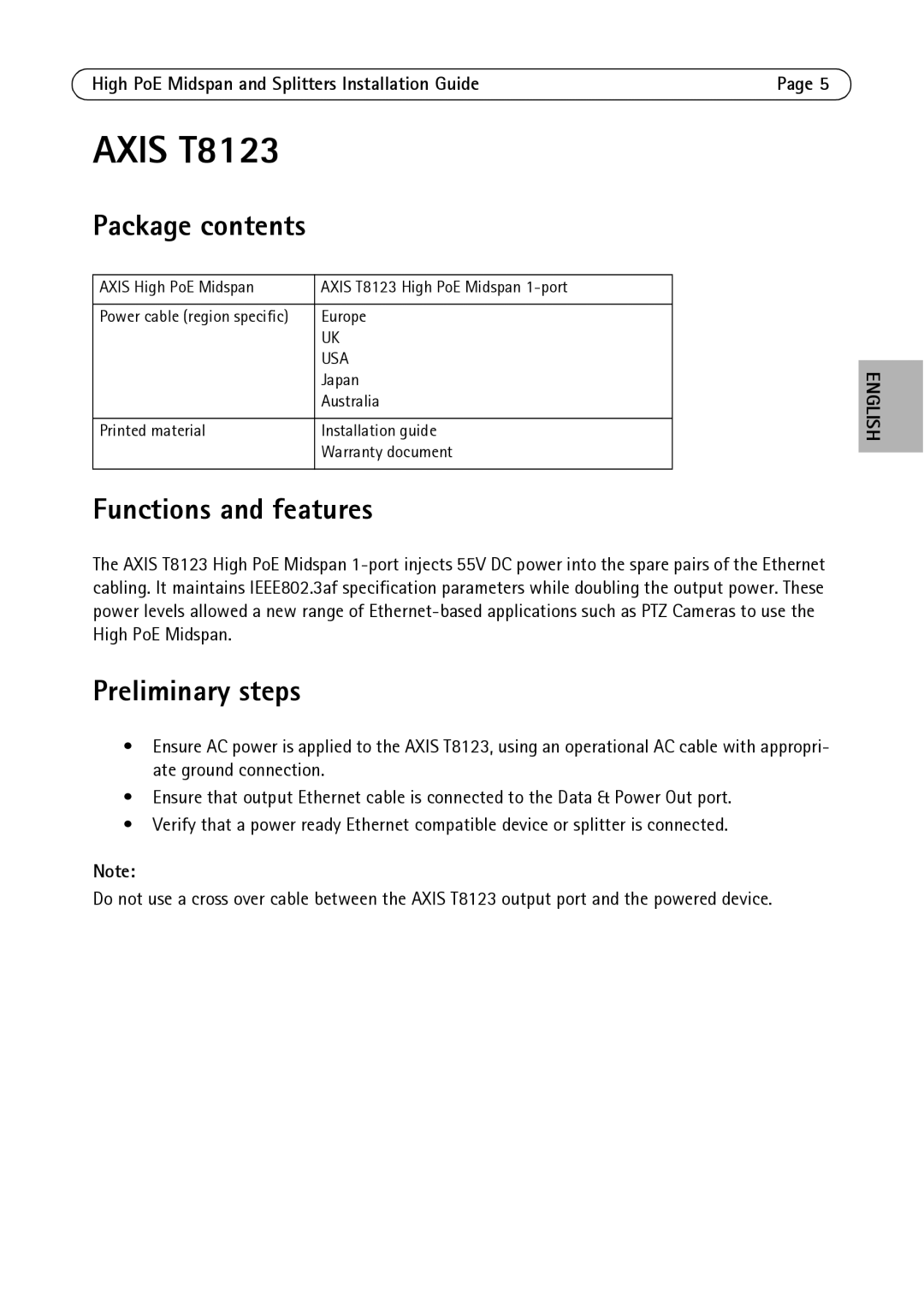 Axis Communications T8123, T8126, T8128 manual Package contents, Functions and features, Preliminary steps 