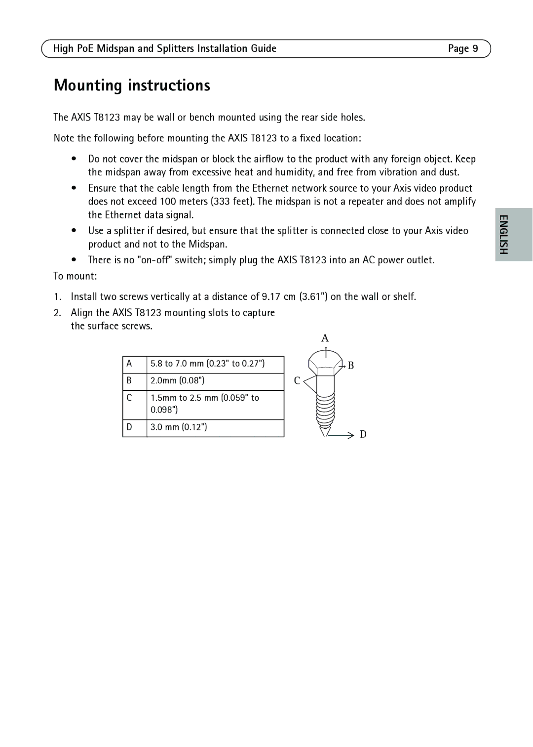 Axis Communications T8126, T8128, T8123 manual Mounting instructions, 8 to 7.0 mm 0.23 to 0mm 5mm to 2.5 mm 0.059 to 